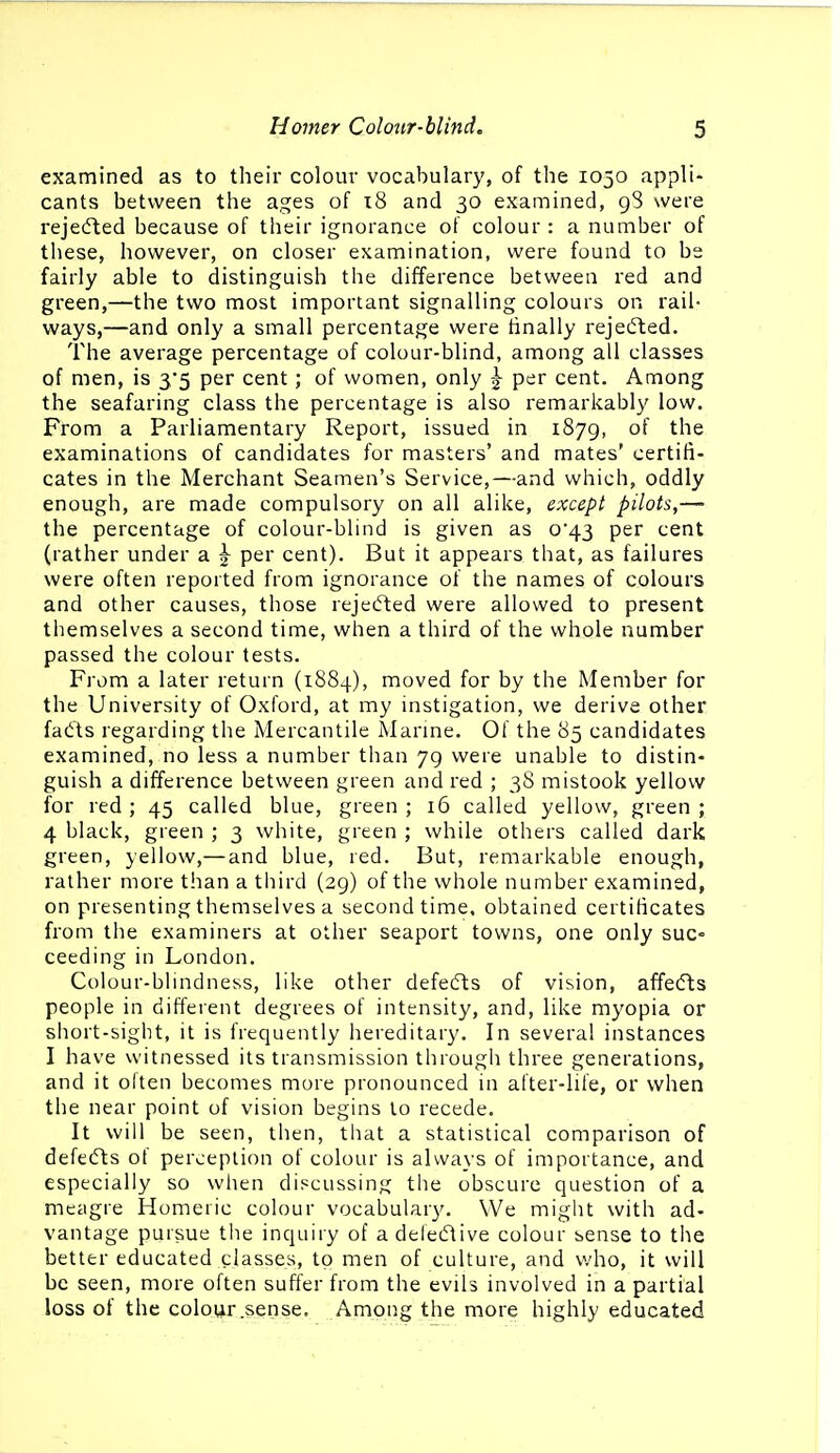 examined as to their colour vocabulary, of the 1050 appli- cants between the ages of 18 and 30 examined, gS were rejected because of their ignorance of colour : a number of these, however, on closer examination, were found to be fairly able to distinguish the difference between red and green,—the two most important signalling colours on rail- ways,—and only a small percentage were tinally rejecfted. The average percentage of colour-blind, among all classes of men, is 3*5 per cent; of women, only ^ per cent. Among the seafaring class the percentage is also remarkably low. From a Parliamentary Report, issued in 1879, of the examinations of candidates for masters' and mates' certifi- cates in the Merchant Seamen's Service,—and which, oddly enough, are made compulsory on all alike, except pilots,— the percentage of colour-blind is given as o'43 per cent (rather under a \ per cent). But it appears that, as failures were often reported from ignorance of the names of colours and other causes, those rejecfted were allowed to present tliemselves a second time, when a third of the whole number passed the colour tests. From a later return (1884), moved for by the Member for the University of Oxford, at my instigation, we derive other fadts regarding the Mercantile Marme. Of the 85 candidates examined, no less a number than 79 were unable to distin- guish a difference between green and red ; 38 mistook yellow for red ; 45 called blue, green ; 16 called yellow, green ; 4 black, green ; 3 white, green ; while others called dark green, yellow,— and blue, red. But, remarkable enough, rather more than a third (29) of the whole number examined, on presenting themselves a second time, obtained certificates from the examiners at other seaport towns, one only suc- ceeding in London. Colour-blindness, like other defe(5ts of vision, affecTts people in different degrees of intensity, and, like myopia or siiort-sight, it is frequently hereditary. In several instances I have witnessed its transmission through three generations, and it often becomes more pronounced in after-life, or when the near point of vision begins to recede. It will be seen, then, that a statistical comparison of defedts of perception of colour is always of importance, and especially so wiien discussing the obscure question of a meagre Homeric colour vocabulary. We might with ad- vantage pursue the inquiry of adeledtive colour sense to the better educated classes, to men of culture, and who, it will be seen, more often suffer from the evils involved in a partial loss of the colour .sense. Among the more highly educated