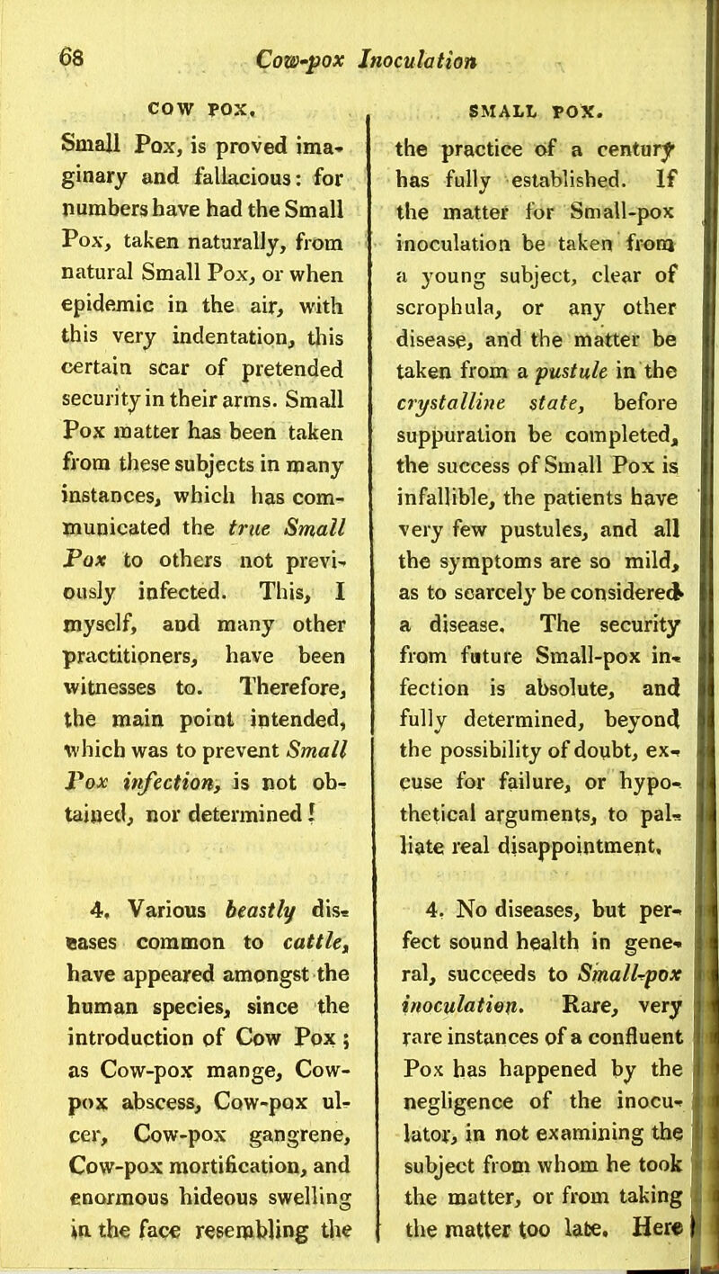 cow FOX, Small Pox, is proved ima-' ginary and fallacious: for numbers have had the Small Pox, taken naturally, from natural Small Pox, or when epidemic in the air, with this very indentation, this certain scar of pretended security in their arms. Small Pox matter has been taken from these subjects in many instances, which has com- municated the true Small Pax to others not previa ously infected. This, I myself, and many other practitioners, have been witnesses to. Therefore, the main point intended, which was to prevent Small Pox infection, is not ob-r tained, nor determined I 4, Various beastly dist: eases common to cattle^ have appeared amongst the human species, since the introduction of Cow Pox ; as Cow-pox mange. Cow- pox abscess. Cow-pox uU cer. Cow-pox gangrene. Cow-pox mortification, and enormous hideous swelling in the face resembling the SMALL POX. the practice of a century has fully established. If the matter for Small-pox inoculation be taken from a young subject, clear of scrophula, or any other disease, and the matter be taken from a pustule in the crystalline state, before suppuration be completed, the success of Small Pox is infallible, the patients have very few pustules, and all the symptoms are so mild, as to scarcely be considere(i> a disease. The security from future Small-pox in-« fection is absolute, and fully determined, beyond the possibility of donbt, ex-» cuse for failure, or hypo-, thetical arguments, to paL liate real disappointment, 4. No diseases, but per- fect sound health in gene-, ral, succeeds to Sinall-rpox inoculatien- Rare, very rare instances of a confluent Pox has happened by the negligence of the inocu-* lator, in not examining the subject from whom he took the matter, or from taking the matter too iafce. Her«