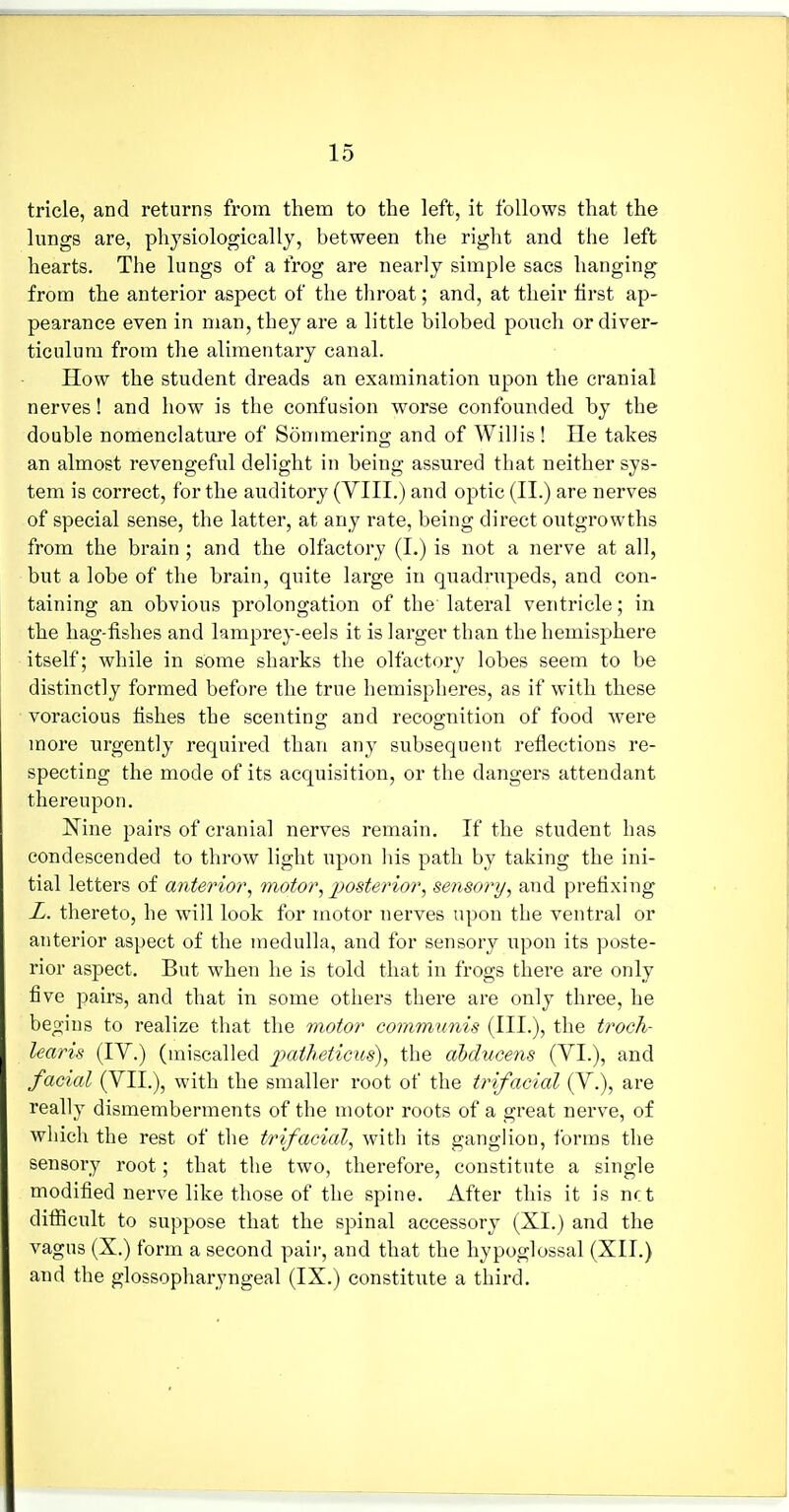 tricle, and returns from them to the left, it follows that the lungs are, physiologically, between the right and the left hearts. The lungs of a frog are nearly simple sacs hanging from the anterior aspect of the throat; and, at their first ap- pearance even in man, they are a little bilobed pouch or diver- ticulum from the alimentary canal. How the student dreads an examination upon the cranial nerves! and how is the confusion worse confounded by the double nomenclature of Sommering and of Willis ! He takes an almost revengeful delight in being assured that neither sys- tem is correct, for the auditory (YIII.) and optic (II.) are nerves of special sense, the latter, at any rate, being direct outgrowths from the brain ; and the olfactory (I.) is not a nerve at all, but a lobe of the brain, quite large in quadrupeds, and con- taining an obvious prolongation of the lateral ventricle; in the hag-fishes and lamprey-eels it is larger than the hemisphere itself; while in some sharks the olfactory lobes seem to be distinctly formed before the true hemispheres, as if with these voracious fishes the scenting and recognition of food were more urgently required than any subsequent reflections re- specting the mode of its acquisition, or the dangers attendant thereupon. Nine pairs of cranial nerves remain. If the student has condescended to throw light upon his path by taking the ini- tial letters of anterior^ motor, ])osterior, sensory, and prefixing L. thereto, he will look for motor nerves upon the ventral or anterior aspect of the medulla, and for sensory upon its poste- rior aspect. But when he is told that in frogs there are only five pairs, and that in some others there are only three, he begins to realize that the motor communis (III.), the troch- learis (IV.) (miscalled 2:>aih.eticus), the abducens (VI.), and facial (VII.), with the smaller root of the trifacial (V.), are really dismemberments of the motor roots of a great nerve, of which the rest of the trifacial, with its ganglion, forms the sensory root; that the two, therefore, constitute a single modified nerve like those of the spine. After this it is net ditficult to suppose that the spinal accessory (XI.) and the vagus (X.) form a second paii', and that the hypoglossal (XII.) and the glossopharyngeal (IX.) constitute a third.