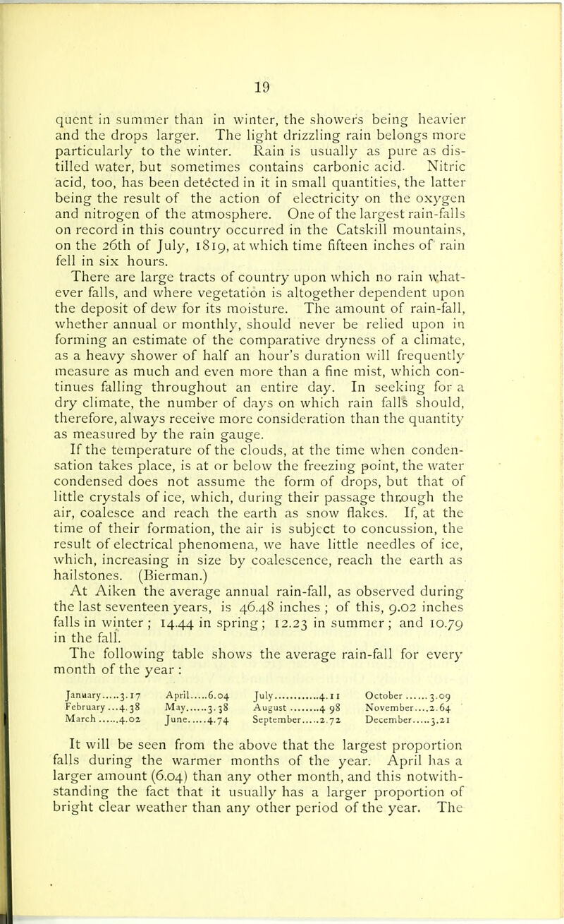 quent in summer than in winter, the showers being heavier and the drops larger. The light drizzling rain belongs more particularly to the winter. Rain is usually as pure as dis- tilled water, but sometimes contains carbonic acid. Nitric acid, too, has been detected in it in small quantities, the latter being the result of the action of electricity on the oxygen and nitrogen of the atmosphere. One of the largest rain-falls on record in this country occurred in the Catskill mountains, on the 26th of July, 1819, at which time fifteen inches of rain fell in six hours. There are large tracts of country upon which no rain what- ever falls, and where vegetation is altogether dependent upon the deposit of dew for its moisture. The amount of rain-fall, whether annual or monthly, should never be relied upon in forming an estimate of the comparative dryness of a climate, as a heavy shower of half an hour's duration will frequently measure as much and even more than a fine mist, which con- tinues falling throughout an entire day. In seeking for a dry climate, the number of days on which rain falls should, therefore, always receive more consideration than the quantity as measured by the rain gauge. If the temperature of the clouds, at the time when conden- sation takes place, is at or below the freezing point, the water condensed does not assume the form of drops, but that of little crystals of ice, which, during their passage through the air, coalesce and reach the earth as snow flakes. If, at the time of their formation, the air is subject to concussion, the result of electrical phenomena, we have little needles of ice, which, increasing in size by coalescence, reach the earth as hailstones. (Bierman.) At Aiken the average annual rain-fall, as observed during the last seventeen years, is 46.48 inches ; of this, 9.02 inches falls in winter ; 14.44 'n spring; 12.23 'n summer; and 10.79 in the fall. The following table shows the average rain-fall for every month of the year : January 3.17 April 6.04 July 4.11 October 3.09 February ...4.38 May 3.38 August 498 November....2.64 March 4.02 June 4-74 September 272 December 3.21 It will be seen from the above that the largest proportion falls during the warmer months of the year. April has a larger amount (6.04) than any other month, and this notwith- standing the fact that it usually has a larger proportion of bright clear weather than any other period of the year. The