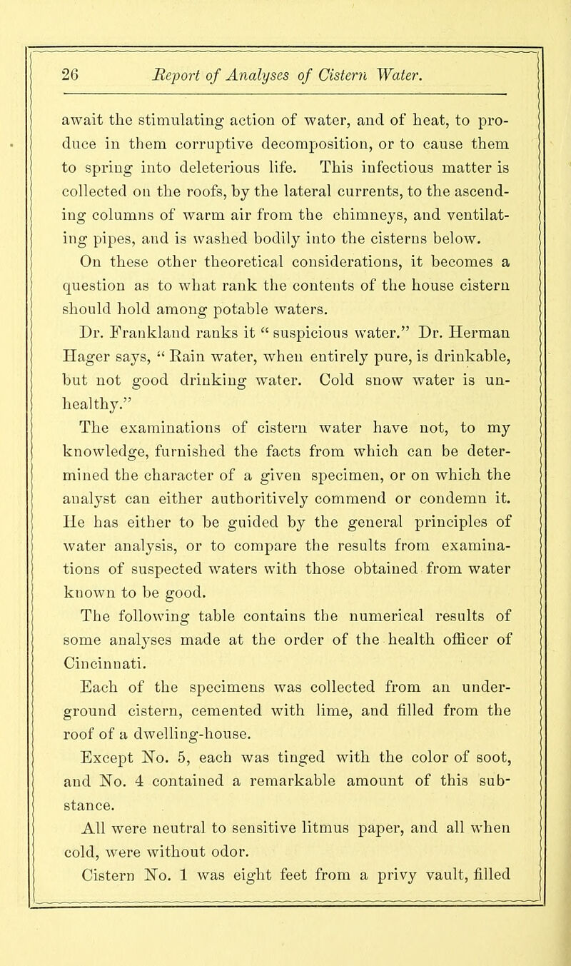 await the stimulating action of water, and of heat, to pro- duce in them corruptive decomposition, or to cause them to spring into deleterious life. This infectious matter is collected on the roofs, hy the lateral currents, to the ascend- ing columns of warm air from the chimneys, and ventilat- ing pipes, and is washed bodily into the cisterns below. On these other theoretical considerations, it becomes a question as to what rank the contents of the house cistern should hold among potable waters. Dr. Erankland ranks it  suspicious water. Dr. Herman Hager says,  Rain water, when entirely pure, is drinkable, but not good drinking water. Cold snow water is un- healthy. The examinations of cistern water have not, to my knowledge, furnished the facts from which can be deter- mined the character of a given specimen, or on which the analyst can either autboritively commend or condemn it. He has either to be guided by the general principles of water analysis, or to compare the results from examina- tions of suspected waters with those obtained from water known to be good. The following table contains the numerical results of some analyses made at the order of the health officer of Cincinnati. Each of the specimens was collected from an under- ground cistern, cemented with lime, and filled from the roof of a dwelling-house. Except No. 5, each was tinged with the color of soot, and No. 4 contained a remarkable amount of this sub- stance. All were neutral to sensitive litmus paper, and all when cold, were without odor. Cistern No. 1 was eight feet from a privy vault, filled