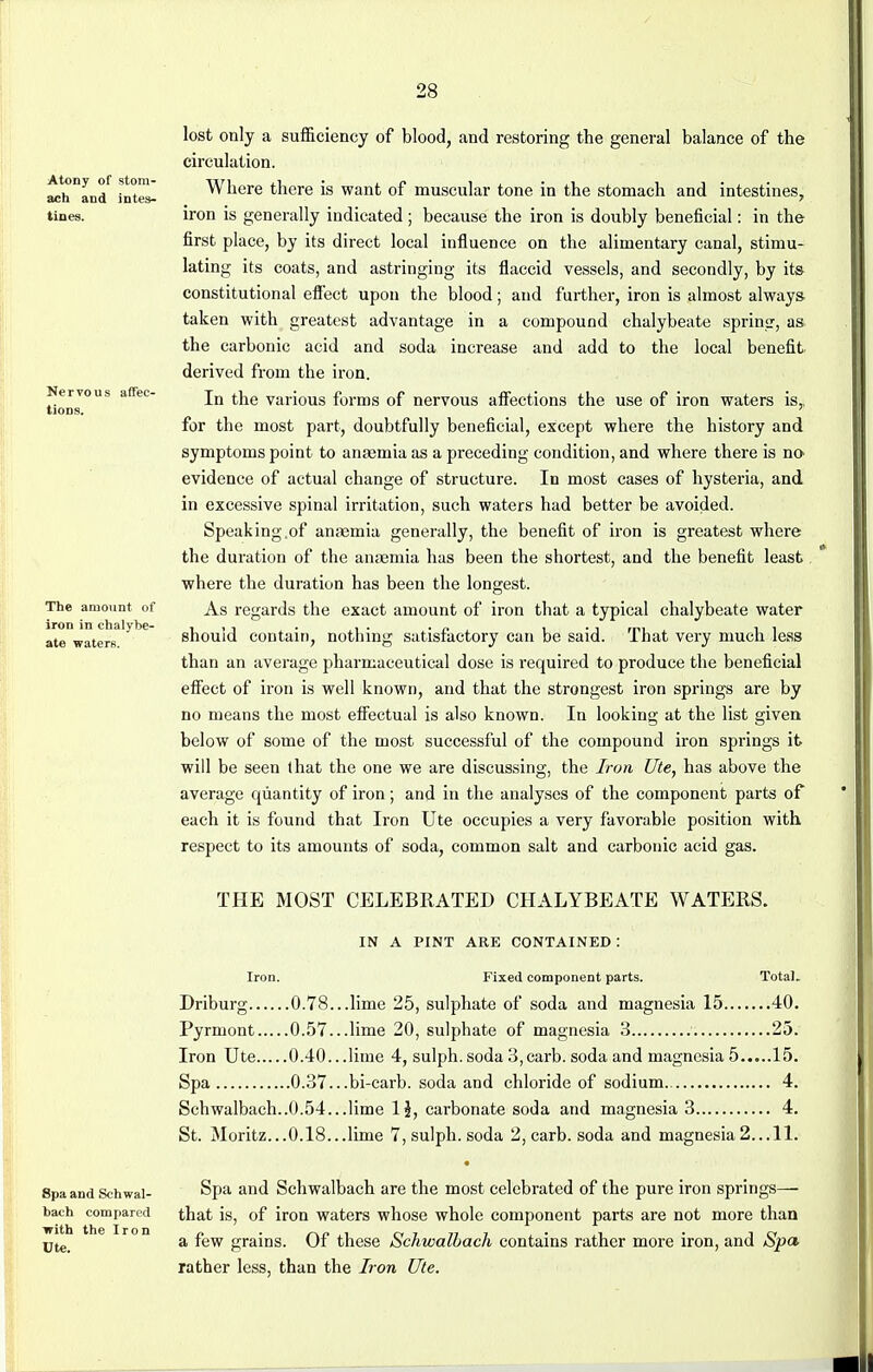 Atony of stom- ach and intes- tines. Nervous affec- tions. The amount of iron in chalybe- ate waters. lost only a sufficiency of blood, and restoring the general balance of the circulation. Where there is want of muscular tone in the stomach and intestines, iron is generally indicated; because the iron is doubly beneficial: in the first place, by its direct local influence on the alimentary canal, stimu- lating its coats, and astringing its flaccid vessels, and secondly, by its constitutional effect upon the blood; and further, iron is almost always taken with greatest advantage in a compound chalybeate sprinsr, as the carbonic acid and soda increase and add to the local benefit derived from the iron. In the various forms of nervous affections the use of iron waters is,, for the most part, doubtfully beneficial, except where the history and symptoms point to ansemia as a preceding condition, and where there is no- evidence of actual change of structure. In most cases of hysteria, and in excessive spinal irritation, such waters had better be avoided. Speaking of anaemia generally, the benefit of iron is greatest where the duration of the anaemia has been the shortest, and the benefit least where the duration has been the longest. As regards the exact amount of iron that a typical chalybeate water should contain, nothing satisfactory can be said. That very much less than an average pharmaceutical dose is required to produce the beneficial effect of iron is well known, and that the strongest iron springs are by no means the most effectual is also known. In looking at the list given below of some of the most successful of the compound iron springs it will be seen that the one we are discussing, the Iron Ute, has above the average quantity of iron; and in the analyses of the component parts of each it is found that Iron Ute occupies a very favorable position with respect to its amounts of soda, common salt and carbonic acid gas. THE MOST CELEBRATED CHALYBEATE WATERS. Iron. Driburg 0.78. Pyrmont 0.57. Iron Ute 0.40. Spa 0.37. Schwalbach..0.54. St. Moritz...0.18. IN A PINT ARE CONTAINED: Fixed component parts. Total. .lime 25, sulphate of soda and magnesia 15 40. .lime 20, sulphate of magnesia 3 25. .lime 4, sulph. soda 3,carb. soda and magnesia 5 15. .bi-carb. soda and chloride of sodium 4. .lime 1\, carbonate soda and magnesia 3 4. .lime 7, sulph. soda 2, carb. soda and magnesia 2...11. Spa and Schwal- bach compared with the Iron Ute. Spa and Schwalbach are the most celebrated of the pure iron springs— that is, of iron waters whose whole component parts are not more than a few grains. Of these Schwalbach contains rather more iron, and Spa rather less, than the Iron Ute.