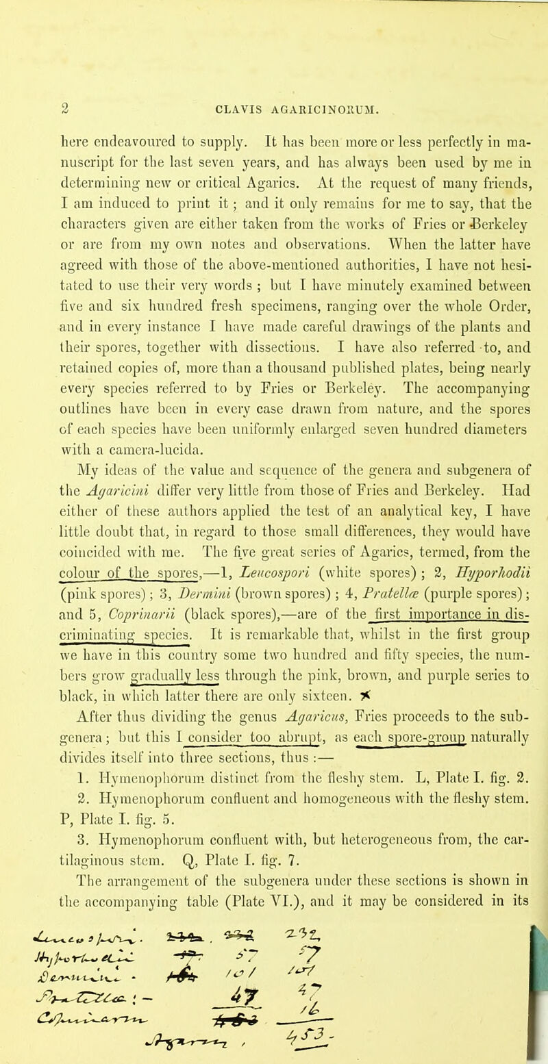 here endeavoured to supply. It has been more or less perfectly in ma- nuscript for the last seven years, and has always been used by me in determining new or critical Agarics. At the request of many friends, I am induced to print it; and it only remains for me to say, that the characters given are either taken from the works of Fries or Berkeley or are from my own notes and observations. When the latter have agreed with those of the above-mentioned authorities, I have not hesi- tated to use their very words ; but I have minutely examined between five and six hundred fresh specimens, ranging over the whole Order, and in every instance I have made careful drawings of the plants and their spores, together with dissections. I have also referred to, and retained copies of, more than a thousand published plates, being nearly every species referred to by Fries or Berkeley. The accompanying- outlines have been in every case drawn from nature, and the spores of each species have been uniformly enlarged seven hundred diameters with a camera-lucida. My ideas of the value and sequence of the genera and subgenera of the A(/aricini differ very little from those of Fries and Berkeley. Had either of these authors applied the test of an analytical key, I have little doubt that, in regard to those small differences, they would have coincided with me. The five great series of Agarics, termed, from the colour of the spores,—1, Leucospori (white spores) ; 3, Hyporhodii (pink spores); 3, Bennini (brown spores); 4, Pratellm (purple spores); and 5, Coprinarii (black spores),—are of the first importance in dis- criminating species. It is remarkable that, whilst in the first group we have in this country some two hundred and fifty species, the num- bers grow gradually less through the pink, brown, and purple series to black, in which latter there are only sixteen. 7< After thus dividing the genus Agaricus, Fries proceeds to the sub- genera; but this I consider too abra|)t, as each spore-aroup naturally divides itself into three sections, thus :— 1. Hymenophorum distinct from the fleshy stem. L, Plate I. fig. 3. 3. Hymenophorum confluent and homogeneous with the fleshy stem. P, Plate I. fig. 5. 3. Hymenophorum confluent with, but heterogeneous from, the car- tilaginous stem. Q, Plate I. fig. 7. The arrangement of the subgenera under these sections is shown in the accompanying table (Plate VI.), and it may be considered in its ^'?-Jf»--T-»--«-z ,