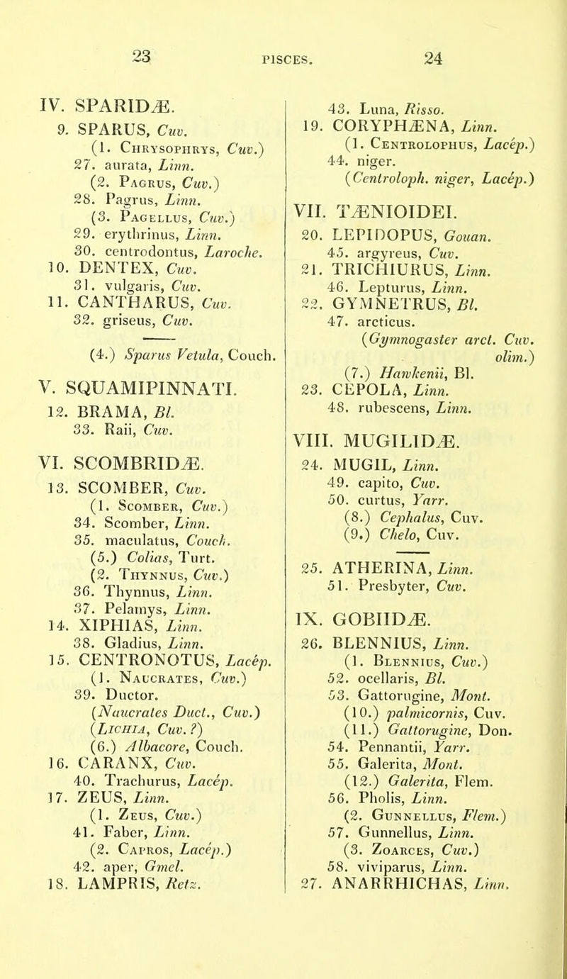 23 IV. SPARIM. 9. SPARUS, Cuv. (1. Chrysophrys, Cuv.) 27. aurata, Linn. (2. Pagrus, Cuv.) 28. Pagrus, Linn. (3. Pagellus, Cuv.) 29. erythrinus, Linn. 30. centrodontus, Laroche. 10. DENTEX, Cuv. 31. vulgaris, Cuv. 11. CANTHARUS, Cuv. 32. griseus, Cuv. (4.) Spams Vetula, Couch. V. SQUAMIPINNATI. 12. BRAMA, Bl. 33. Raii, Cuv. VI. SCOMBRIDiE. 13. SCOMBER, Cuv. (1. Scomber, Cuv.) 34. Scomber, Linn. 35. maculatus, Couch. (5.) Colitis, Turt. (2. Thynnus, C«f.) 36. Thynnus, Linn. 37. Pelainys, Linn. 14. XIPH1AS, Zinra. 38. Gladius, Linn. 15. CENTRONOTUS, Zace/j. (]. Naucrates, Cuv.) 39. Ductor. {Naucrates Duct., Cuv.) (Lichia, Cuv. ?) (6.) Albacore, Couch. 16. CARANX, Cuv. 40. Trachurus, Lacep. 17. ZEUS, Linn. (1. Zeus, Cuv.) 41. Fabcr, Linn. (2. Capros, Lacep.) 42. aper, Gmel. 43. Luna, Risso. 19. CORYPHjENA, Ziwn. (1. Centrolophus, Lacep.) 44. niger. (Centrolopk. niger, Lacep.) VII. MJNIOIDEI. 20. LEPIDOPUS, GWin. 45. argyreus, Cut'. 21. TRICHIURUS, Linn. 46. Lepturus, Linn. 22. GYMNETRUS, £/. 47. arcticus. {Gymnogaster arct. Cuv. olim.) (7.) Harvlcenii, Bl. 23. CEPOLA, Linn. 48. rubescens, Zm». VIII. MUGILIDJ3. 24. MUGIL, Linn. 49. capito, Cuv. 50. curtus, Feirr. (8.) Cephalus, Cuv. (9.) CAeZo, Cuv. 25. ATHERINA, £i««. 51. Presbyter, Cuv. IX. GOBIIDtE. 26. BLENNIUS, Linn. (1. Blennius, C?<y.) 52. ocellaris, Bl. 53. Gattorugine, Mont. (10.) palmicornis, Cuv. (11.) Gattorugine, Don. 54. Pennantii, Ian-. 55. Galerita, ¥o/ii. (12.) Galerita, Flem. 56. Pholis, Linn. (2. Gunnellus, Flem.) 57. Gunnellus, Zinra. (3. Zoarces, Cms;.) 58. viviparus, Linn.