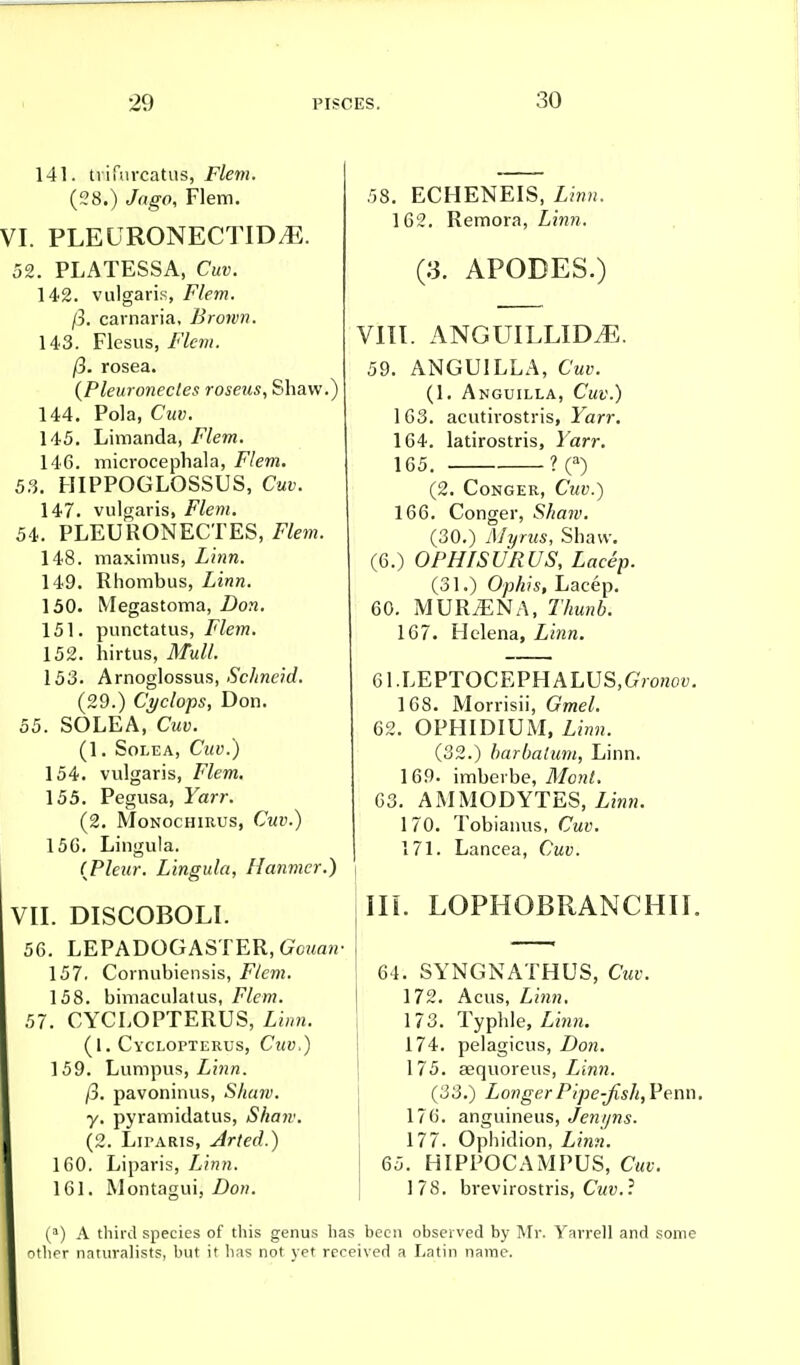 141. tvifuvcatus, Flem. (28.) Jago, Flem. VI. PLEURONECTID/E. 52. PLATESSA, Cuv. 142. vulgaris, Flem. /3. carnaria, Brown. 143. Flesus, Flem. (3. rosea. (Pleuronecles roseus, Shaw.) 144. Pola, Cuv. 145. Limanda, Flem. 146. microcephala, Flem. 53. HIPPOGLOSSUS, Cuv. 147. vulgaris, Flem. 54. PLEURONECTES, Flem. 148. maximus, Linn. 149. Rhombus, Linn. 150. Megastoma, Don. 151. punctatus, Flem. 152. hirtus, Mull. 153. Arnoglossus, Schneid. (29.) Cyclops, Don. 55. SOLEA, Cwu. (1 . SOLEA, CmU.) 154. vulgaris, Flem. 155. Pegusa, Farr. (2. Monochirus, Cur.) 15C. Lingula. (Pleur. Lingula, Hanmcr. VII. DISCOBOLI. 56. LEPADQGASTER, Goua 157. Cornubiensis, Flem. 158. bimaculatus, Flem. 57. CYCLOPTERUS, Linn. (I. Cyclopterus, Cuv.) 159. Lumpus, Linn. /3. pavoninus, Shaw, y. pyramidatus, Shaw. (2. Liparis, Jrted.) 160. Liparis, Linn. 161. Montagui, Don. 58. ECHENEIS, linn. 162. Remora, Linn. (3. APODES.) VIII. ANGUILLPTME. 59. ANGU1LLA, Cmu. (1. Anguilla, Cuv.) 163. acutirostris, Yarr. 164. latirostris, Far/-. 165. ?(a) (2. Conger, Cwy.) 166. Conger, Shaw. (30.) Myrus, Shaw. (6.) OPHISURUS, Lacep. (31.) Ophis, Lacep. 60. MURiENA, Thunb. 167. Helena, Linn. 61. LEPTOCEPHALUS,GYonoi>. 168. Morrisii, Gmel. 62. OPHIDIUM, Linn. (32.) barbatum, Linn. 169. imberbe, Mont. 63. AMMODYTES, Zinw. 170. Tobianus, Cuv. 171. Lancea, Cki>. III. LOPHOBRANCHII. 61. SYNGNATHUS, Cuv. 172. Acus, Linn. 173. Typhle, Linn. 174. pelagicus, Z)ow. 175. aequoreus, Linn. (33.) Longer Pipe-fish, Penn. 176. anguineus, Jenijns. 177. Ophidion, Linn. 65. HIPPOCAMPUS, Cuv. 178. brevirostris, Cuv.? (a) A third species of this genus has been observed by Mr. Yarrell and some other naturalists, but it has not yet received a Latin name.