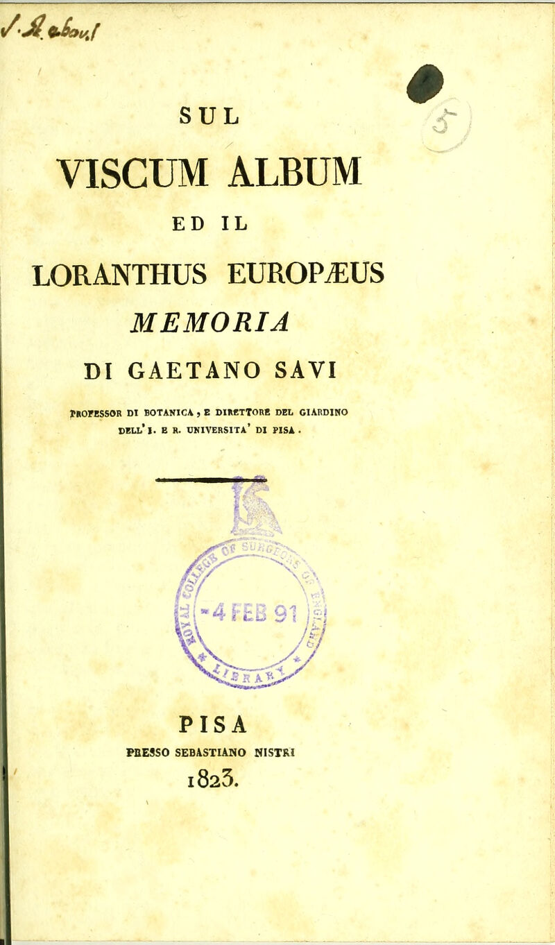 SUL VISCUM ALBUM ED IL LORANTHUS EUROP^US MEMORIA DI GAETANO SAVI mofessor di botanica 5 e dircttore det giardino dell'i, e r. università' di fisa . PISA paESSo seb;^stiàno mistri 1823.