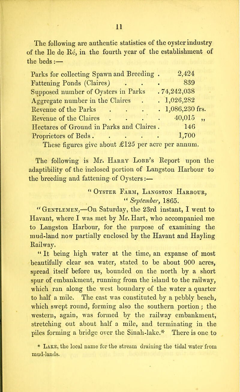 The following are authentic statistics of the oyster industry of the He de Re, in the fourth year of the establishment of the beds:— Parks for collecting Spawn and Breeding . 2,424 Fattening Ponds (Claires) . . . 839 Supposed number of Oysters in Parks . 74,242,038 Aggregate number in the Claires . . 1,026,282 Revenue of the Parks .... 1,086,230 frs. Revenue of the Claires .... 40,015 ,, Hectares of Ground in Parks and Claires . 146 Proprietors of Beds 1,700 These figures give about £125 per acre per annum. The following is Mr. Harry Lobb's Report upon the adaptibility of the inclosed portion of Langston Harbour to the breeding and fattening of Oysters:—  Oyster Farm, Langston Harbour,  September, 1865.  Gentlemen,—On Saturday, the 23rd instant, I went to Havant, where I was met by Mr. Hart, who accompanied me to Langston Harbour, for the purpose of examining the mud-laud now partially enclosed by the Havant and Hayling Railway.  It being high water at the time, an expanse of most beautifully clear sea water, stated to be about 900 acres, spread itself before us, bounded on the north by a short spur of embankment, running from the island to the railway, which ran along the west boundary of the water a quarter to half a mile. The east was constituted by a pebbly beach, which swept round, forming also the southern portion; the western, again, was formed by the railway embankment, stretching out about half a mile, and terminating in the piles forming a bridge over the Sinah-lake.* There is one to * Lake, the local name for the stream draining the tidal water from mud-lands.