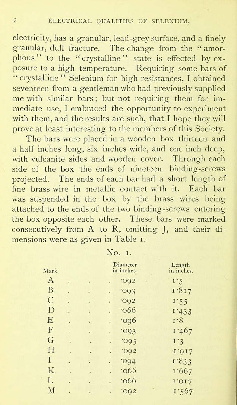 electricity, has a granular, lead-grey surface, and a finely granular, dull fracture. The change from the amor- phous to the crystalline state is effected by ex- posure to a high temperature. Requiring some bars of crystalline Selenium for high resistances, I obtained seventeen from a gentleman who had previously supplied me with similar bars; but not requiring them for im- mediate use, I embraced the opportunity to experiment with them, and the results are such, that I hope they will prove at least interesting to the members of this Society. The bars were placed in a wooden box thirteen and a half inches long, six inches wide, and one inch deep, with vulcanite sides and wooden cover. Through each side of the box the ends of nineteen binding-screws projected. The ends of each bar had a short length of fine brass wire in metallic contact with it. Each bar was suspended in the box by the brass wir^s being attached to the ends of the two binding-screws entering the box opposite each other. These bars were marked consecutively from A to R, omitting J, and their di- mensions were as given in Table i. No. I. Mark Diameter in inches. Length in inches. A B C D E F G H I K L M •092 •093 •092 •066 •096 •093 ■095 •092 ■094 •066 •066 •092 1-817 I'55 I 433 1-8 1*5 1-917 1-833 1-667 I -017 1-467 I'3 1-567 i