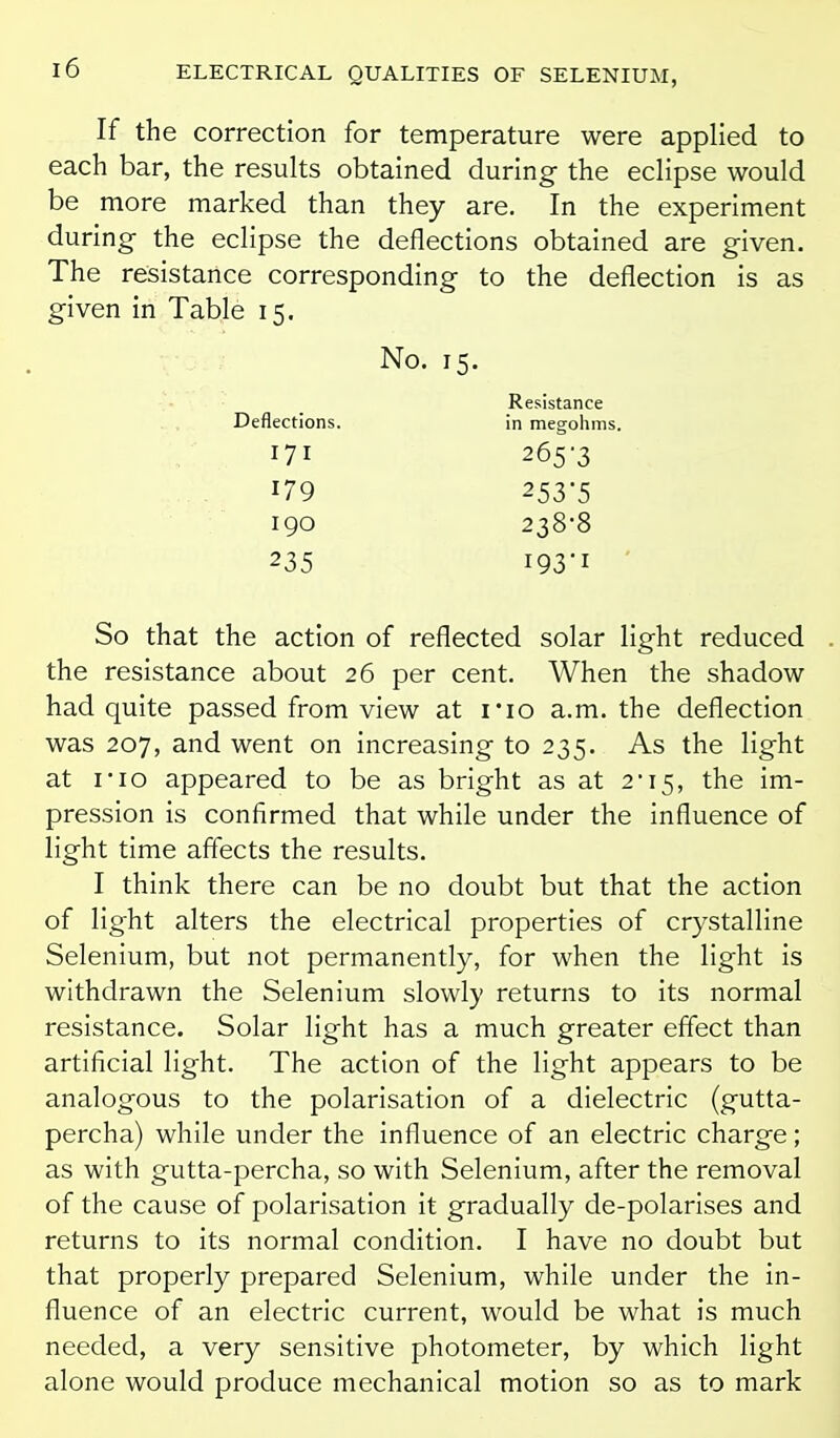 If the correction for temperature were applied to each bar, the results obtained during the eclipse would be more marked than they are. In the experiment during the eclipse the deflections obtained are given. The resistance corresponding to the deflection is as given in Table 15. So that the action of reflected solar light reduced . the resistance about 26 per cent. When the shadow had quite passed from view at i*io a.m. the deflection was 207, and went on increasing to 235. As the light at no appeared to be as bright as at 2'15, the im- pression is confirmed that while under the influence of light time affects the results. I think there can be no doubt but that the action of light alters the electrical properties of crystalline Selenium, but not permanently, for when the light is withdrawn the Selenium slowly returns to its normal resistance. Solar light has a much greater effect than artificial light. The action of the light appears to be analogous to the polarisation of a dielectric (gutta- percha) while under the influence of an electric charge; as with gutta-percha, so with Selenium, after the removal of the cause of polarisation it gradually de-polarises and returns to its normal condition. I have no doubt but that properly prepared Selenium, while under the in- fluence of an electric current, would be what is much needed, a very sensitive photometer, by which light alone would produce mechanical motion so as to mark No. 15. Deflections, Resistance in megohms. 171 179 190 265-3 253-5 238-8 I93-I