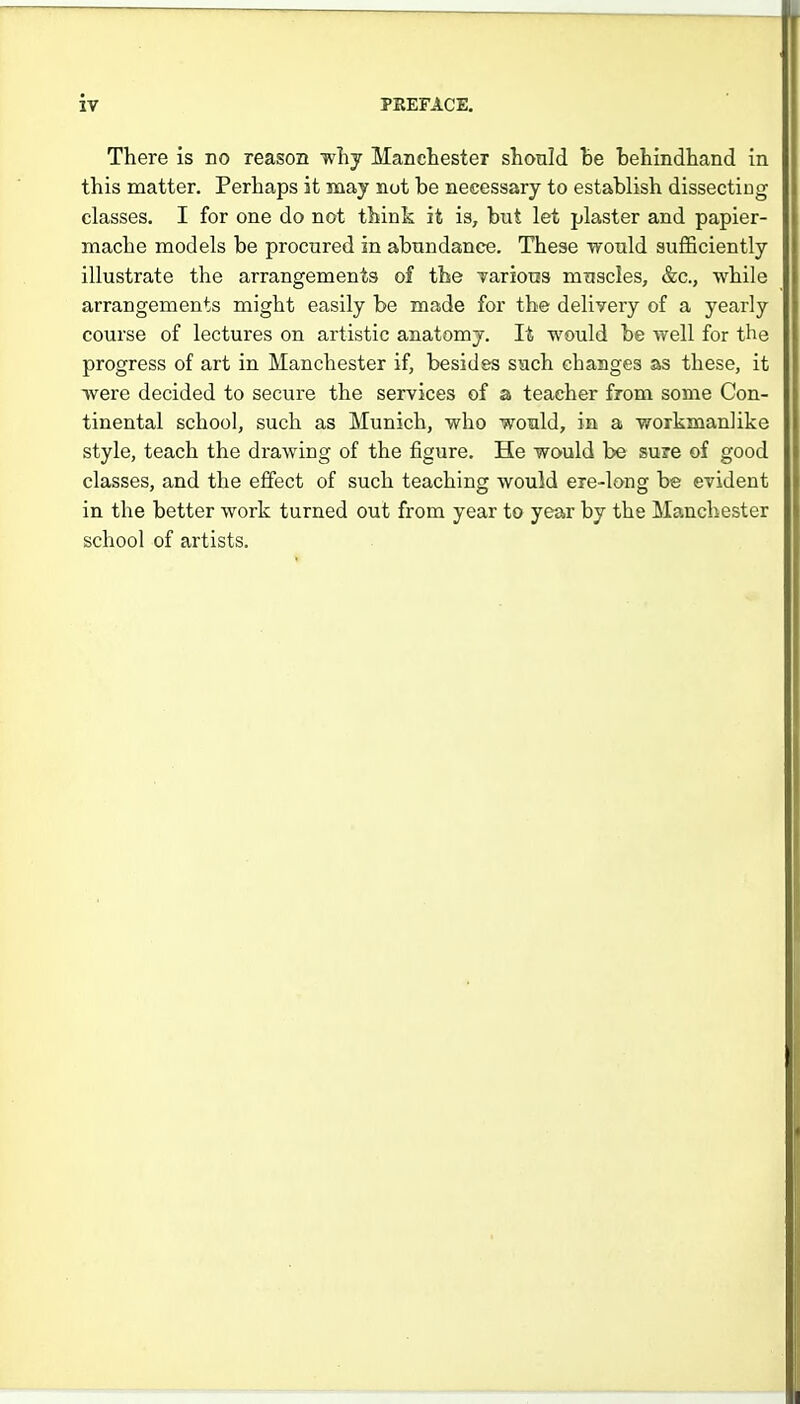 There is no reason wliy Manchester should he hehindhand in this matter. Perhaps it may not be necessary to establish dissecting classes. I for one do not think it is, but let plaster and papier- mache models be procured in abundance. These Tyould sufficiently illustrate the arrangements of the Tarions muscles, &c., while arrangements might easily be made for the delivery of a yearly course of lectures on artistic anatomy. It would be well for the progress of art in Manchester if, besides such changes as these, it were decided to secure the services of & teacher from some Con- tinental school, such as Munich, who would, in a workmanlike style, teach the drawing of the figure. He would be sure of good classes, and the effect of such teaching would ere-long be evident in the better work turned out from year to year by the Manchester school of artists.