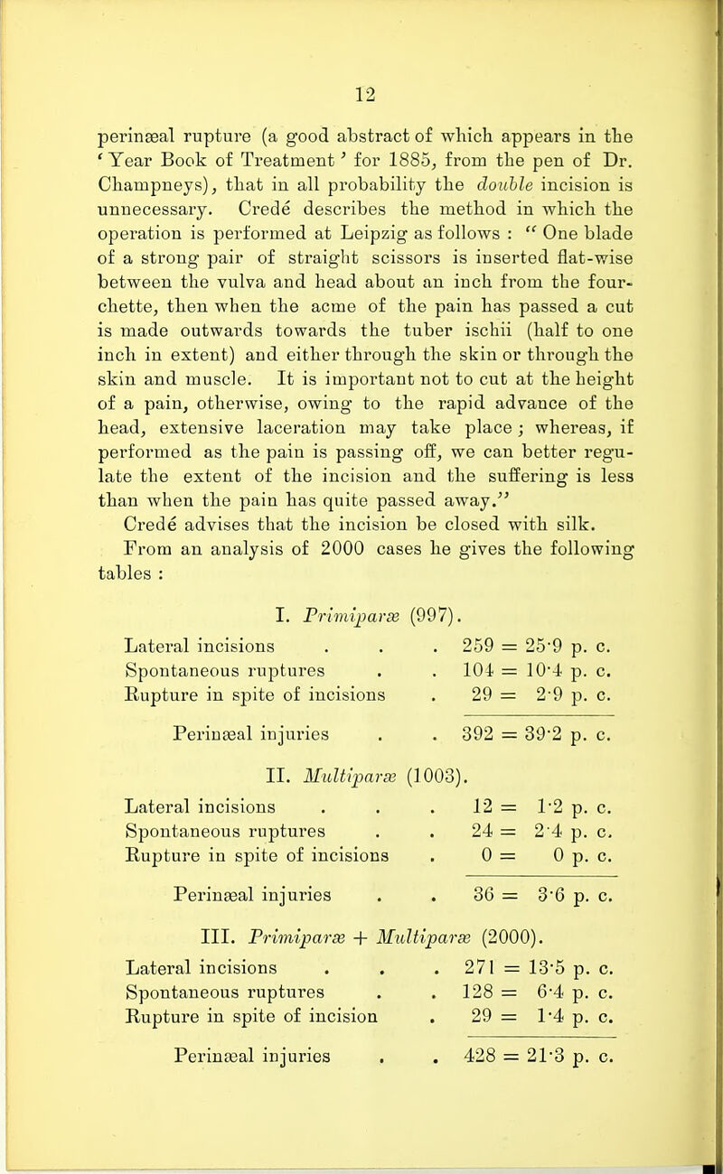 perineal rupture (a good abstract of which appears in the ' Year Book of Treatment' for 1885, from the pen of Dr. Charupneys), that in all probability the double incision is unnecessary. Crede describes the method in which the operation is performed at Leipzig as follows :  One blade of a strong pair of straight scissors is inserted flat-wise between the vulva and head about an inch from the four- chette, then when the acme of the pain has passed a cut is made outwards towards the tuber ischii (half to one inch in extent) and either through the skin or through the skin and muscle. It is important not to cut at the height of a pain, otherwise, owing to the rapid advance of the head, extensive laceration may take place; whereas, if performed as the pain is passing off, we can better regu- late the extent of the incision and the suffering is less than when the pain has quite passed away. Crede advises that the incision be closed with silk. From an analysis of 2000 cases he gives the following tables : I. Primiparx (997) Lateral incisions 259 = 25-9 P- c. Spontaneous ruptures 101 10-4 P- c. Rupture in spite of incisions 29 = 2-9 P- c. Perineal injuries 392 = 39-2 P- c. II. Multiparx (1003). Lateral incisions 12 = 1-2 P- c. Spontaneous ruptures 24 = 2-4 P- c. Rupture in spite of incisions 0 0 P- c. Perinseal injuries 36 = 3-6 P- c. III. Primiparx + Multiparse (2000). Lateral incisions 271 = 13-5 P- c. Spontaneous ruptures 128 = 6-4 P- c. Rupture in spite of incision 29 - 1-4 P- c. Perineal injuries 428 = 21-3 P- c.