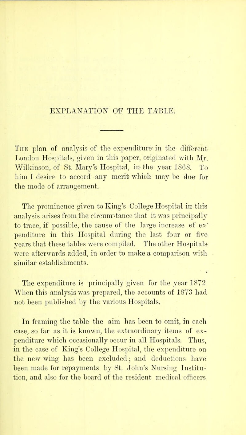 EXrLANATTON O'F THE TABLE'. The plan of analysis of the expenditure' in the different London Hospitals, given in this paper, originated with JMr. Wilkinson, of .St. Mary's Hospital, in the year 1868. To him I desire to accord any merit which may be due for the mode of arrangement. The prominence giv^en to King's College Hospital in this analysis arises from the circunr-;tance that it was principally to trace, if possible, the cause of the large increase of ex' penditure in this LL)spital during the last four or five years that these tables were compiled. The other Hospitals were afterwards added, in order to make a comparison with similar estalilishments. Tlie expenditure is principally given for tlie year 1872 When this analysis was prepared, the accounts of 1873 had not been publislietl l)y the various Hospitals. In framing the table the aim has been to omit, in each case, so far as it is known, the extraordinary items of ex- penditure which occasionally occur in all Hospitals. Thus, in the case of King's College Hospital, the expenditure on the new wing has been excluded; and deductions have been made for repayments by St. John's Nursing Institu- tion, and also for the board of the resident mcdicnl officers