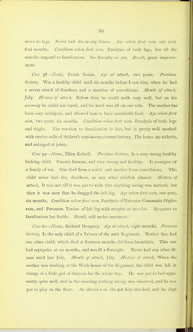move its legs. Never had fits or any illness. Aga whui first sein, one year four months. Condition when first seen, Paralysis of both legs, but all the muscles respond to faradisation. No Atrophy as yet. Result, great improve- ment. Case 58—JVaine, Frank Nolan. Age at attack, two years. Previous history. Was a healthy child until six months before I saw him, when he had a severe attack of diarrhoea and a number of convulsions. Month of attack, July. History of attack, Before then he could walk very well, but on his recovery he could not stand, and his head was all on one side. The mother has been very indulgent, and allowed him to have unsuitable food. Age when first seen, two years, six months. Condition when first seen. Paralysis of both legs and thighs. The reaction to faradisation is lost, but is pretty well marked with twelve cells of Stbhrer's continuous current battery. The bones are ricketty, and enlarged at joints. Case '■)')—Name, Ellen Kelsall. Previous history, Is a very strong healthy looking child. Parents farmers, and very strong and healthy. Is youngest of a family of ten. One died from a scald, and another from convulsions. This child never had fits, diarrhoea, or any other childish ailment. Histoiy of attack. It was not till it was put to walk that anything wrong was noticed, but then it was seen that he dragged the left leg. Age when first seen, one year, six months. Condition when first seen, Paralysis of Extensor Communis l^igito- rum, and Peroneus Tertlus of left leg with atrophy ot muicles. Response to faradisation but feeble. Result, still under treatment. Case 60—Name, Richard Dempsey. Age at attack, eiglit months. Previous history. Is the only child of a Private of the 20th Regiment. Mother has had one other child, which died at fourteen months old from bronchitis. This one had erysipelas at six months, and was ill a fortnight. Never had any other ill- ness until last July, Month of attack, July. History of attack. When the mother was washing at the Wash-house of the Regiment, the child was left in charge of a little girl of thirteen for the whole day. He was put to bed appa- rently quite well, and in the morning nothing wrong was observed, and he was put to play on the floor. At eleven a.m. she put him into bed, and he slept