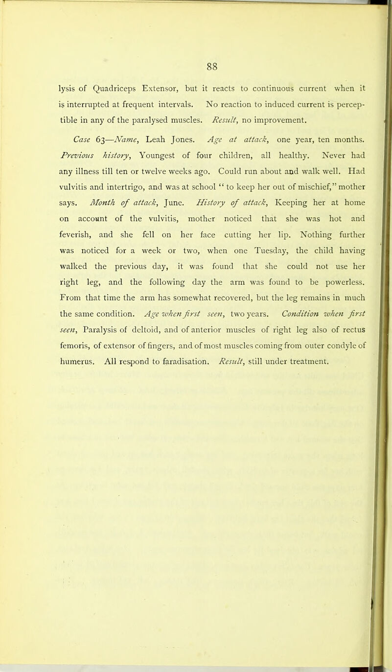 lysis of Quadriceps Extensor, but it reacts to continuous current when it is interrupted at frequent intervals. No reaction to induced current is percep- tible in any of the paralysed muscles. Result, no improvement. Case 63—Name, Leah Jones. Age at attack, one year, ten months. Previous history. Youngest of four children, all healthy. Never had any illness till ten or tvtfelve weeks ago. Could run about and walk well. Had vulvitis and intertrigo, and was at school to keep her out of mischief, mother says. Month of attack, June. History of attack. Keeping her at home on account of the vulvitis, mother noticed that she was hot and feverish, and she fell on her face cutting her lip. Nothing further was noticed for a week or two, when one Tuesday, the child having walked the previous day, it was found that she could not use her right leg, and the following day the arm was found to be powerless. From that time the arm has somewhat recovered, but the leg remains in much the same condition. Age when first seen, two years. Condition when first seen. Paralysis of deltoid, and of anterior muscles of right leg also of rectus femoris, of extensor of fingers, and of most muscles coming from outer condyle of humerus. All respond to faradisation. Result, still under treatment.