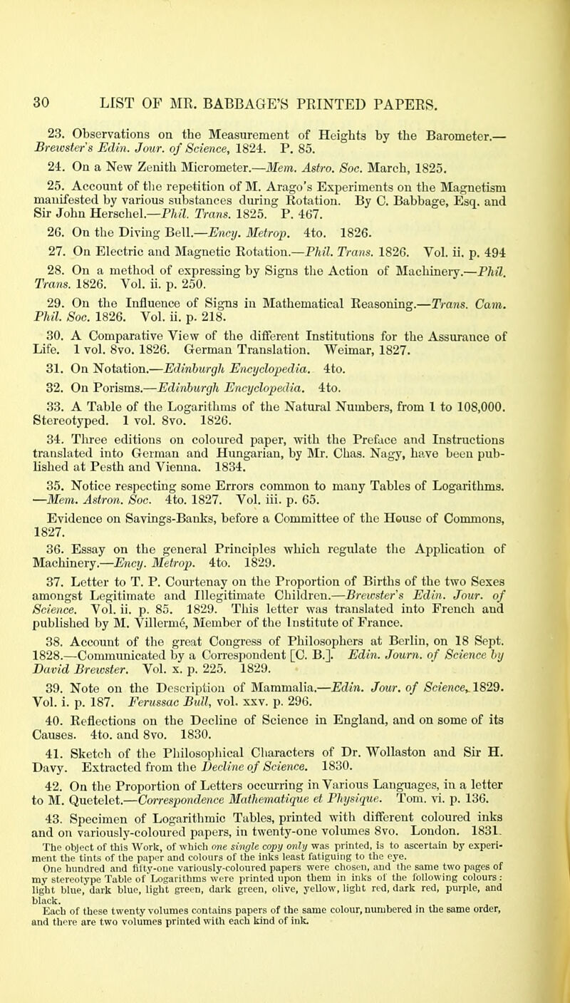 23. Observations on the Measurement of Heights by the Barometer.— Brewster's Edin. Jour, of Science, 1824. P. 85. 24. On a New Zenith Micrometer.—Mem. Astro. Soc. March, 1825. 25. Account of tlie repetition of M. Arago's Experiments on the Magnetism manifested by various substances diu-ing Kotation. By G. Babbage, Esq. and Sir John Herschel.—P7j(7. Trans. 1825. P. 467. 26. On the Diving BaW.—Encij. Metrop. 4to. 1826. 27. On Electric and Magnetic Eotation.—P7«7. Trans. 1826. Vol. ii. p. 494 28. On a method of expressing by Signs the Action of Machineiy.—Phil Trans. 1826. Vol. ii. p. 250. 29. On the Influence of Signs in Mathematical Keasoning.—Trans. Cam. Phil. Soc. 1826. Vol. ii. p. 218. 30. A Comparative View of the diiferent Institutions for the Assurance of Life. 1 vol. 8vo. 1826. German Translation. Weimar, 1827. 31. On Notation.—Edinburgh Encyclopedia. 4to. 32. On Porisms.—Edinburgh Encyclopedia. 4to. 33. A Table of the Logarithms of the Natural Numbers, from 1 to 108,000. Stereotyped. 1 vol. 8vo. 1826. 34. Three editions on coloured paper, 'with the Preface and Instructions translated into German and Hungarian, by Mr. Chas. Nagy, Lave been pub- lished at Pesth and Vienna. 1834. 35. Notice respecting some Errors common to many Tables of Logarithms. —Mem. Astron. Soc. 4to. 1827. Vol. iii. p. 65. Evidence on Savings-Banks, before a Committee of the House of Commons, 1827. 36. Essay on the general Principles which regulate the Application of Machinery.—Ency. Metro}}. 4to. 1829. 37. Letter to T. P. Courtenay on the Proportion of Births of the two Sexes amongst Legitimate and Illegitimate Children.—Brewster's Edin. Jour, of Science. Vol. ii. p. 85. 1829. This letter was translated into French and published by M. Villerm6, Member of the Institute of France. 38. Account of the great Congress of Philosophers at Berlin, on 18 Sept. 1828.—Commimicated by a Correspondent [C. B.]. Edin. Journ. of Science by David Brewster. Vol. x. p. 225. 1829. 39. Note on the Description of Mammalia.—Edin. Jour, of Sciencey 1829. Vol. i. p. 187. Ferussao Bidl, vol. xxv. p. 296. 40. Keflections on the Decline of Science in England, and on some of its Causes. 4to. and 8vo. 1830. 41. Sketch of the Philosophical Characters of Dr. Wollaston and Sir H. Davy. Extracted from the Decline of Science. 1830. 42. On the Proportion of Letters occm-ring in Various Languages, in a letter to M. Quetelet.—Cmrespondence Mathematique et Physique. Tom. vi. p. 136. 43. Specimen of Logarithmic Tables, printed with different coloured inks and on variously-coloured papers, in twenty-one volumes 8vo. London. 1831. The object of this Work, of which me single copy only was printed, is to ascertain by experi- ment the tints of the paper and colours of the inlcs least fatiguing to the eye. One hundred and filty-one variously-coloured papers were chosen, and the same two pages of my stereotype Table of Logarithms were printed upon them in inks of the following colours: light blue, dark blue, light green, dark green, olive, yellow, light red, dark red, purple, and black. Each of these twenty volumes contains papers of the same colour, numbered in the same order, and there are two volumes printed with each kind of ink.