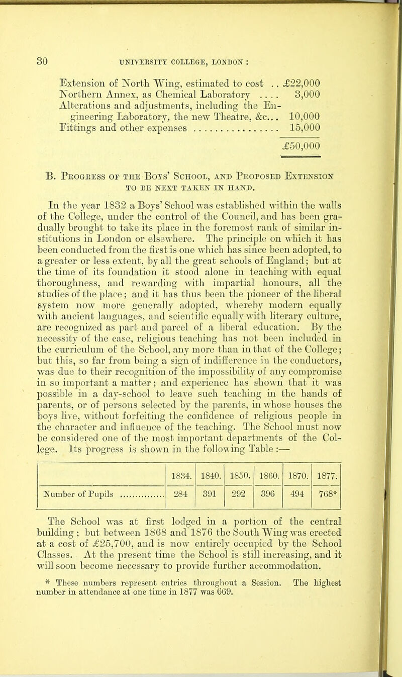 Extension of Xorth Wing, estimated to cost . . £22,000 Northern Annex, as Chemical Laboratory .... 3,000 Alterations and adjustments, including the En- gineering Laboratory, the new Theatre, &c.,. 10,000 Eittiugs and other expenses 15,000 £50,000 B. Peogeess of the Bots' School, and Peoposed Extensiok TO BE NEXT TAKEN IN HAND. In the year 1832 a Boys'School was established within the walls o£ the College, under the control of the Council, and has been gra- dually brought to take its ])lace in the foremost rank of similar in- stitutions in London or elsewhere. The principle on which it has been conducted from the first is one which has since been adopted, to a greater or less extent, by all the great schools of England; but at the time of its fouadation it stood alone in teaching with equal thoroughness, and rewardnig with impartial honours, all the studies of the place; and it has thus been the pioneer of the liberal system now more generally adopted, ^l■he^eby modern equally with ancient languages, and scientific equally with literaiy culture, are recognized as part and parcel of a liberal education. By the necessity of the case, religious teaching has not been included in the curriculum of the School, any more than in that of the College; but this, so far from being a sign of indifference in the conductors, was due to their recognition of the impossibility of any compromise in so important a matter; and experience has showii that it was possible in a day-school to leave such teaching ui the hands of parents, or of persons selected by the parents, in whose houses the boys live, without forfeiting the confidence of religious people in the character and influence of the teaching. The School must now be considered one of the most important departments of the Col- lege. Its progress is shown in the follow ing Table :— 1834. 1840. 1850. 18G0. 1870. 1877. 284 391 292 396 494 7G8* The School was at first lodged in a portion of the central building ; but between 1868 and 1876 the South Wing was erected at a cost of £25,700, and is now entirely occupied by the School Classes. At the present time the School is still increasing, and it will soon become necessary to provide further accommodation. * These numbers represent entries throughout a Session. The highest number in attendance at one time in 1877 was 669.