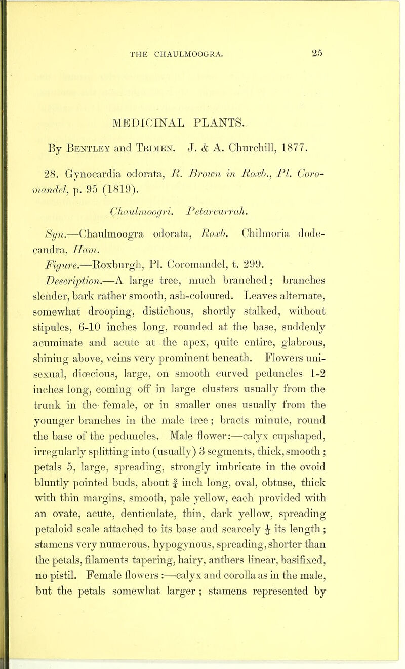 MEUICmAL PLANTS. By Bentley and Trimen. J. & A. Churchill, 1877. 28. Grvnocardia odorata, R. Brouvi in Roxb., PI. Coro- ijHindel, p. 95 (1819). Chauliiioogri. Petarcurrah. Syn.—Chaulmoogra odorata, Roxh. Chilmoria dode- candra. Ham. Figure.—Eoxburgli, PL Coromandel, t. 299. Descrijytion.—A large tree, much branched; branches slender, bark rather smooth, ash-coloured. Leaves alternate, somewhat drooping, distichous, shortly stalked, without stipules, 6-10 inches long, rounded at the base, suddenly acuminate and acute at the apex, quite entire, glabrous, shining above, veins very prominent beneath. Flowers uni- sexual, dioecious, large, on smooth curved peduncles 1-2 inches long, coming otF in large clusters usually from the trunk in the- female, or in smaller ones usually from the younger branches in the male tree; bracts minute, round the base of the peduncles. Male flower:—-calyx cupshaped, irregularly splitting into (usually) 3 segments, thick, smooth; petals 5, large, spreading, strongly imbricate in the ovoid bluntly pointed buds, about |- inch long, oval, obtuse, thick with thin margins, smooth, pale yellow, each provided with an ovate, acute, denticulate, thin, dark yellow, spreading petaloid scale attached to its base and scarcely J its length; stamens very numerous, hypogynous, spreading, shorter than the petals, filaments tapering, hairy, anthers linear, basifixed, no pistil. Female flowers :—calyx and corolla as in the male, but the petals somewhat larger; stamens represented by