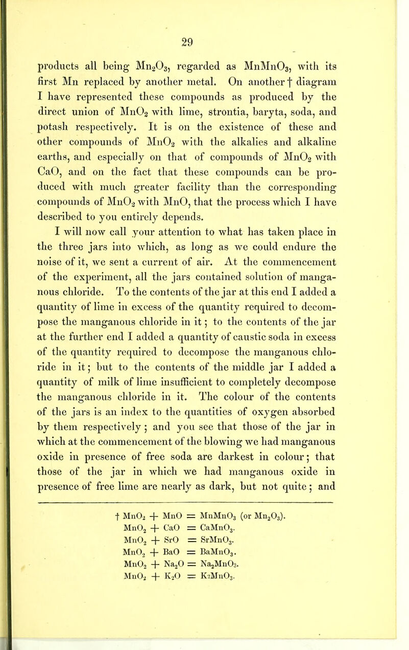 products all being MnjOs, regarded as MnMnOa, ^vith its first Mn replaced by another metal. On another f diagram I have represented these compounds as produced by the direct union of MnOg with lime, strontia, baryta, soda, and potash respectively. It is on the existence of these and other compounds of Mn02 with the alkalies and alkaline earths, and especially on that of compounds of MnOg with CaO, and on the fact that these compounds can be pro- duced with much greater facility than the corresponding compounds of MnOj with MnO, that the process which I have described to you entirely depends. I will now call your attention to what has taken place in the three jars into which, as long as we could endure the noise of it, we sent a current of air. At the commencement of the experiment, all the jars contained solution of manga- nous chloride. To the contents of the jar at this end I added a quantity of lime in excess of the quantity required to decom- pose the manganous chloride in it; to the contents of the jar at the further end I added a quantity of caustic soda in excess of the quantity required to decompose the manganous chlo- ride in it; but to the contents of the middle jar I added a quantity of milk of lime insufficient to completely decompose the manganous chloride in it. The colour of the contents of the jars is an index to the quantities of oxygen absorbed by them respectively ; and you see that those of the jar in which at the commencement of the blowing we had manganous oxide in presence of free soda are darkest in colour; that those of the jar in which we had manganous oxide in presence of free lime are nearly as dark, but not quite ; and t MnOi + MnO = MiiMnOa (or Mn^Os). MnOj + CaO = CaMnOj. MnOj + SrO = SrMnOj. MnOj 4- BaO = BaMnOj. MnOj + NajO = NajMnOs. MnOi + K2O = KiMnOs.