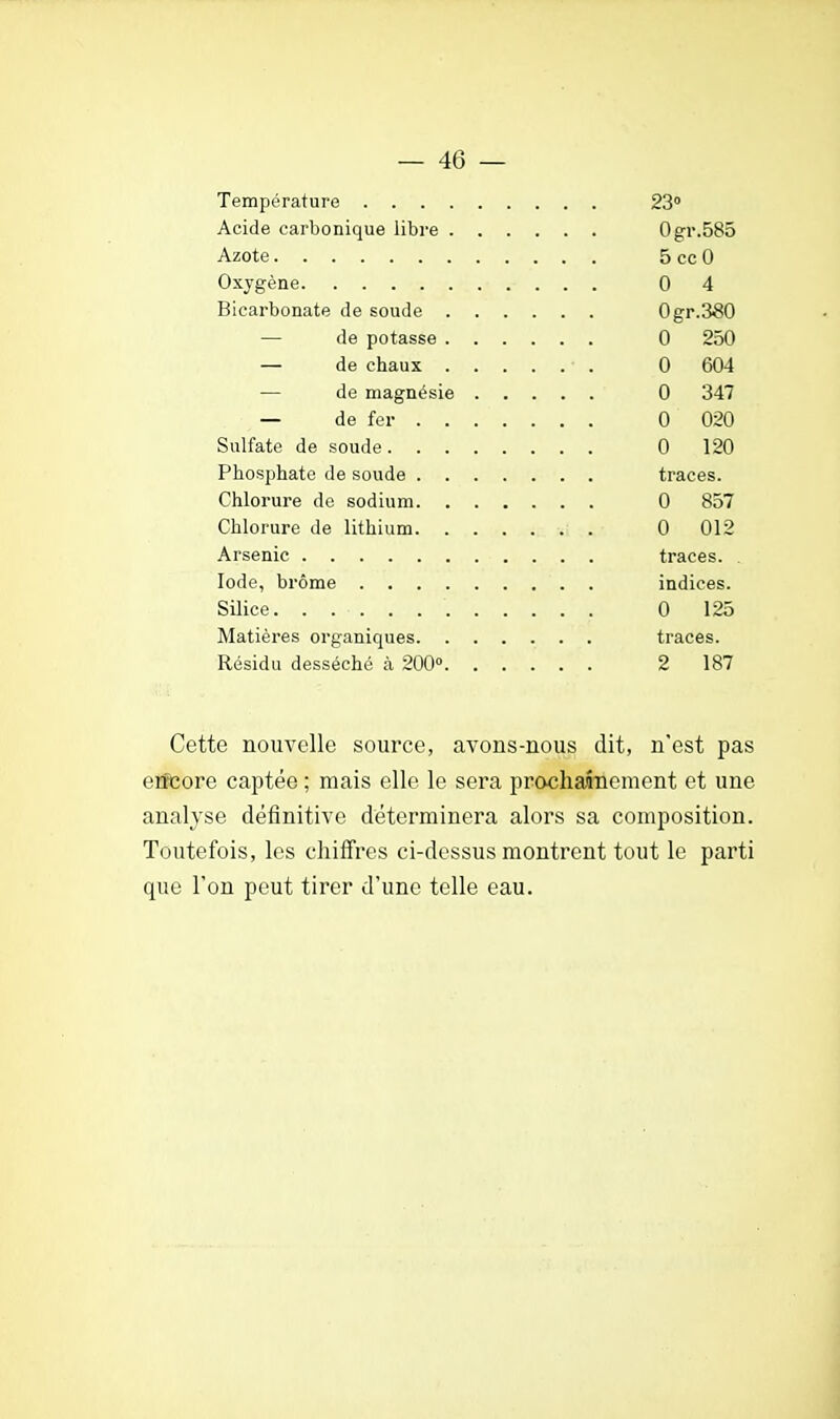 Température 23° Acide carbonique libre Ogr.585 Azote 5 ce 0 Oxygène 0 4 Bicarbonate de soude Ogr.380 — de potasse 0 250 — de chaux • . 0 604 — de magnésie 0 347 — de fer ...... . 0 020 Sulfate de soude 0 120 Phosphate de soude traces. Chlorure de sodium 0 857 Chlorure de lithium 0 012 Arsenic traces. . Iode, brome indices. Silice. ........... 0 125 Matières organiques traces. Résidu desséché à 200° 2 187 Cette nouvelle source, avons-nous dit, n'est pas encore captée ; mais elle le sera prochainement et une analyse définitive déterminera alors sa composition. Toutefois, les chiffres ci-dessus montrent tout le parti que Ton peut tirer d'une telle eau.