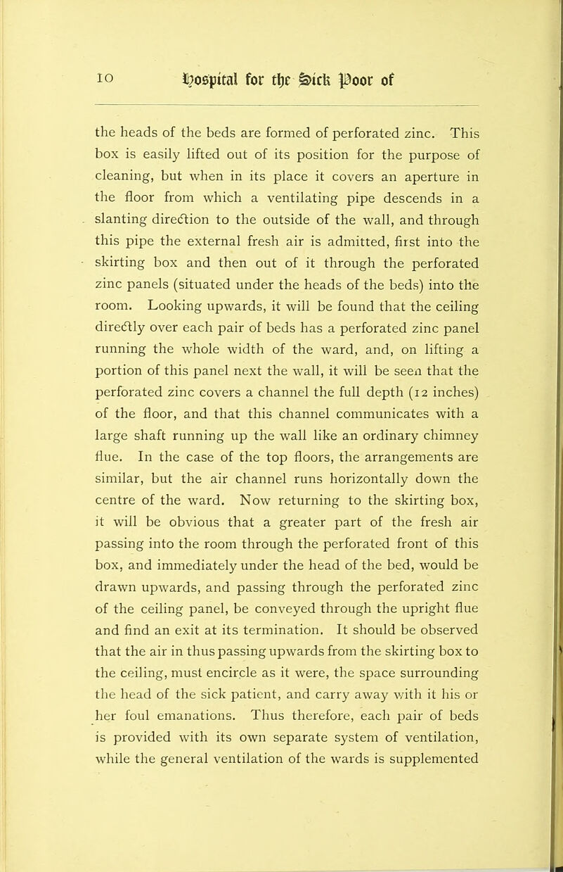 the heads of the beds are formed of perforated zinc. This box is easily hfted out of its position for the purpose of cleaning, but when in its place it covers an aperture in the floor from which a ventilating pipe descends in a slanting dire(5tion to the outside of the wall, and through this pipe the external fresh air is admitted, first into the skirting box and then out of it through the perforated zinc panels (situated under the heads of the beds) into the room. Looking upwards, it will be found that the ceiling diredtly over each pair of beds has a perforated zinc panel running the whole width of the ward, and, on lifting a portion of this panel next the wall, it will be seen that the perforated zinc covers a channel the full depth (12 inches) of the floor, and that this channel communicates with a large shaft running up the wall like an ordinary chimney flue. In the case of the top floors, the arrangements are similar, but the air channel runs horizontally down the centre of the ward. Now returning to the skirting box, it will be obvious that a greater part of the fresh air passing into the room through the perforated front of this box, and immediately under the head of the bed, would be drawn upwards, and passing through the perforated zinc of the ceiling panel, be conveyed through the upright flue and find an exit at its termination. It should be observed that the air in thus passing upwards from the skirting box to the ceiling, must encircle as it were, the space surrounding the head of the sick patient, and carry away v/ith it his or her foul emanations. Thus therefore, each pair of beds is provided with its own separate system of ventilation, while the general ventilation of the wards is supplemented
