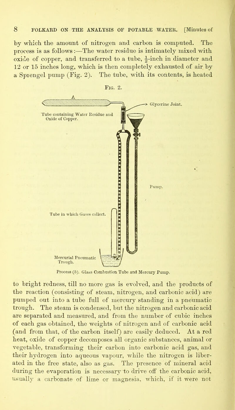 by which the amount of nitrogen and carbon is computed. The process is as follows:—The water residue is intimately mixed with oxide of copper, and transferred to a tube, J-inch in diameter and 12 or 15 inches long, which is then completely exhausted of air by a Spiengel pump (Fig. 2). The tube, with its contents, is heated Fig. 2. Tube containing Water Residue and Oxide of Copper. Glycerine Joint. Tube in whicli Gases collect. Pump. Mercurial Pneumatic W^^^ Trough. tizr ' Process (6). Glass Combustion Tube and Mercury Pump. to bright redness, till no more gas is evolved, and the products of the reaction (consisting of steam, nitrogen, and carbonic acid) are pumped out into a tube full of mercury standing in a pneumatic trough. The steam is condensed, but the nitrogen and carbonic acid are separated and measured, and from the number of cubic inches of each gas obtained, the weights of nitrogen and of carbonic acid (and from that, of the carbon itself) are easily deduced. At a red heat, oxide of copper decomposes all organic substances, animal or vegetable, transforming their carbon into carbonic acid gas, and their hydrogen into aqueous vapour, Avhile the nitrogen is liber- ated in the free state, also as gas. The presence of mineral acid during the evaporation is necessary to drive off the carbonic acid, usually a carbonate of lime or magnesia, which, if it were not