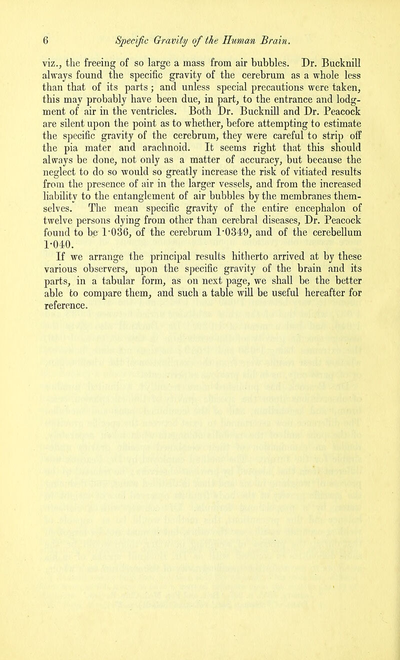 viz., the freeing of so large a mass from air bubbles. Dr. BuckniU always found the specific gravity of the cerebrum as a whole less than that of its parts; and unless special precautions were taken, this may probably have been due, in part, to the entrance and lodg- ment of air in the ventricles. Both Dr. Bucknill and Dr. Peacock are silent upon the point as to whether, before attempting to estimate the specific gravity of the cerebrum, they were careful to strip off the pia mater and arachnoid. It seems right that this should altvays be done, not only as a matter of accuracy, but because the neglect to do so would so greatly increase the risk of vitiated results from the presence of air in the larger vessels, and from the increased liability to the entanglement of air bubbles by the membranes them- selves. The mean specific gravity of the entire encephalon of twelve persons dying from other than cerebral diseases, Dr. Peacock found to be 1'036, of the cerebrum 10349, and of the cerebellum 1-040. If we arrange the principal results hitherto arrived at by these various observers, upon the specific gravity of the brain and its parts, in a tabular form, as on next page, we shall be the better able to compare them, and such a table will be useful hereafter for reference.