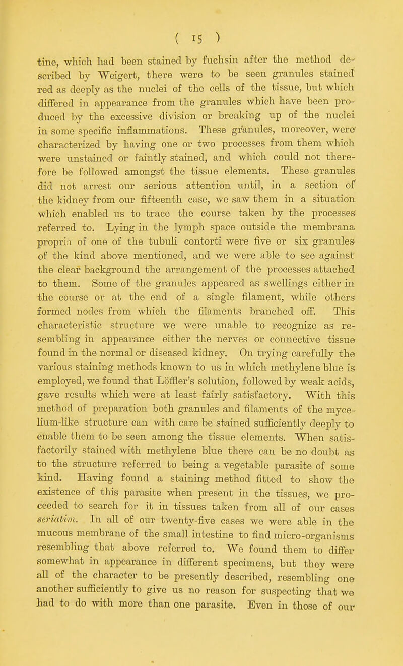 tine, which had been stained by fuchsin after the method de- scribed by Weigert, there were to be seen granules stained red as deeply as the nuclei of the cells of the tissue, but which differed in appearance from the granules which have been pro- duced by the excessive division or breaking up of the nuclei in some specific inflammations. These granules, moreover, were' characterized by having one or two processes from them which were unstained or faintly stained, and which could not there- fore be followed amongst the tissue elements. These granules did not arrest our serious attention until, in a section of the kidney from our fifteenth case, we saw them in a situation which enabled us to trace the course taken by the processes referred to. Lying in the lymph space outside the membrana propria of one of the tubuli contorti were five or six granules of the kind above mentioned, and we were able to see against the clear background the arrangement of the processes attached to them. Some of the granules appeared as swellings either in the course or at the end of a single filament, while others formed nodes from which the filaments branched off. This characteristic structure we were unable to recognize as re- sembling in appearance either the nerves or connective tissue found in the normal or diseased kidney. On trying carefully the various staining methods known to us in which methylene blue is employed, we found that Loffler's solution, followed by weak acids, gave results which were at least fairly satisfactory. With this method of preparation both granules and filaments of the myce- lium-like structure can with care be stained sufl&ciently deeply to enable them to be seen among the tissue elements. When satis- factorily stained with methylene blue there can be no doubt as to the structure referred to being a vegetable parasite of some kind. Having found a staining method fitted to show the existence of this parasite when present in the tissues, we pro- ceeded to search for it in tissues taken from all of our cases seriativi. In all of our twenty-five cases we were able in the mucous membrane of the small intestine to find micro-organisms resembling that above referred to. We found them to differ somewhat in appearance in different specimens, but they were all of the character to be presently described, resembling one another sufficiently to give us no reason for suspecting that we had to do with more than one parasite. Even in those of our
