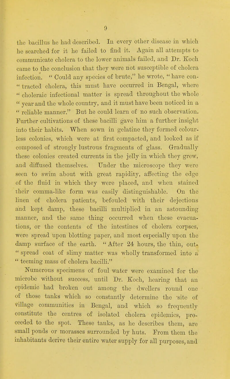 tho bacillus ho had described. In every other disease in which he searched for it he failed to fiud it. Again all attempts to communicate cholera to the lower animals failed, and Dr. Koch came to tho conclusion that they were not susceptible of cholera infection.  Could any species of brute, he wrote,  have con-  tracted cholera, this must have occurred in Bengal, where  choleraic infectional matter is spread throughout the whole  year and the whole country, and it mtisthave been noticed in a  rehable manner. But he could learn of no such observation. Further cultivations of these bacilli gave him a further insight into their habits. When sown in gelatine they formed colour- less colonies, which were at first compacted, and looked as if comjjosed of strongly lustrous fragments of glass. Grradually these colonies created currents in the jelly in which they grew, and diffused themselves. Under the microscope they were seen to swim about with great raj)idir.y, affecting the edge of the fluid in which they were placed, and when stained their comma-like form was easily distinguishable. On the linen of cholera patients, befouled with their dejections and kept damp, these bacilli multiplied in an astoimding manner, and the same thing occurred when these evacua- tions, or the contents of the intestines of cholera corpses, were spread upon blotting paper, and most especially upon the damp surface of the earth.  After 24 hours, the thin, out-  si^read coat of slimy matter was wholly transformed into a  teeming mass of cholera bacilli. Numerous specimens of foul water were examined for the microbe without success, until Dr. Koch, hearing that an epidemic had broken out among the dwellers round one of those tanks which so constantly determiaie the -site of village communities in Bengal, and which so frequently constitute the centres of isolated cholera epidemics, pro- ceeded to the spot. These tanks, as he describes them, arc small ponds or morasses surrounded by huts. From them the inhabitants derive their entire water supply for all purposes, and