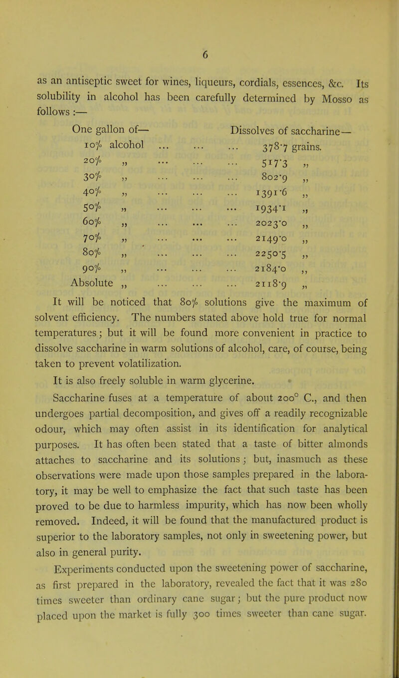 as an antiseptic sweet for wines, liqueurs, cordials, essences, &c. Its solubility in alcohol has been carefully determined by Mosso as follows :— One gallon of— Dissolves of saccharine— io°/o alcohol 3787 grains 20°/o „ 517-3 5> 3o°/o 5, ... 8o2'9 J> 40°/° ... 1391-6 )> 50°/° „ 1934-1 )> 6o°/o 2023*0 5> 70°/° „ ... 2149*0 )> 8oyc ,, ... 2250-5 55 9o°/o 2184*0 >> Absolute 2118*9 >1 It will be noticed that 8o°/o solutions give the maximum of solvent efficiency. The numbers stated above hold true for normal temperatures; but it will be found more convenient in practice to dissolve saccharine in warm solutions of alcohol, care, of course, being taken to prevent volatilization. It is also freely soluble in warm glycerine. • Saccharine fuses at a temperature of about 200° C., and then undergoes partial decomposition, and gives off a readily recognizable odour, which may often assist in its identification for analytical purposes. It has often been stated that a taste of bitter almonds attaches to saccharine and its solutions ; but, inasmuch as these observations were made upon those samples prepared in the labora- tory, it may be well to emphasize the fact that such taste has been proved to be due to harmless impurity, which has now been wholly removed. Indeed, it will be found that the manufactured product is superior to the laboratory samples, not only in sweetening power, but also in general purity. Experiments conducted upon the sweetening power of saccharine, as first prepared in the laboratory, revealed the fact that it was 280 times sweeter than ordinary cane sugar; but the pure product now placed upon the market is fully 300 times sweeter than cane sugar.