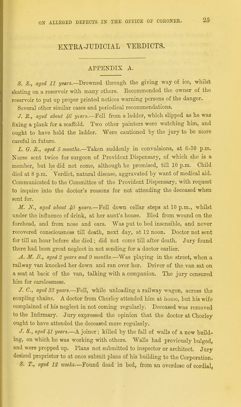 EXTRA-JUDICIAL YERDICTS. APPENDIX A. 5. S., aged 11 2/«ar«.—Drowned through the giving way of ice, whilst skating on a reservoir with many others. Kecommended the owner of the reservoir to put up proper printed notices warning persons of the danger. Several other similar cases and periodical recommendations. J. B., aged about 46 tjcars.—Fell from a ladder, which slipped as he was fixing a plank for a scaffold. Two other painters were watching him, and ought to have held the ladder. Were cautioned hy the jury to be more careful in future. Z. G. R., aged 5 months.—Taken suddenly in convulsions, at 6-30 p.m. Nurse sent twice for surgeon of Provident Dispensary, of which she is a member, but he did not come, although he promised, till 10 p.m. Child died at 8 p.m. Verdict, natural disease, aggravated by want of medical aid. Communicated to the Committee of the Provident Dispensary, with request to inquire into the doctor's reasons for not attending the deceased when sent for. M. N., aged about 40 years.—Fell down cellar steps at 10 p.m., whilst under the influence of drink, at her aunt's house. Bled from wound on the forehead, and from nose and ears. Was put to bed insensible, and never recovered consciousness till death, next day, at 12 noon. Doctor not sent for tin an hour before she died ; did not come till after death. Jury found there had been great neglect in not sending for a doctor earlier. A. If. B., aged 2 years and 9 months.—^Was playing in the street, when a railway van knocked her down and ran over her. Driver of the van sat on a seat at back of the van, talking with a companion. The jury censured him for carelessness. J. C, aged 33 years.—Fell, while unloading a railway wagon, across the coupling chains. A doctor from Chorley attended him at home, but his wife complained of his neglect in not coming regularly. Deceased was removed to the Infirmary. Jury expressed the opinion that the doctor at Chorley ought to have attended the deceased more regularly. J. 8., aged 41 gears.—A joiner; killed by the fall of walls of a new build- ing, on which ho was working -With others. Walls had previously bulged^ and were propped up. Plans not submitted to inspector or architect. Jury desired proprietor to at once submit plans of his building to the Corporation. S. T,, aged 12 weeJcs.—EourxHi dead in bed, from an overdose of cordial,