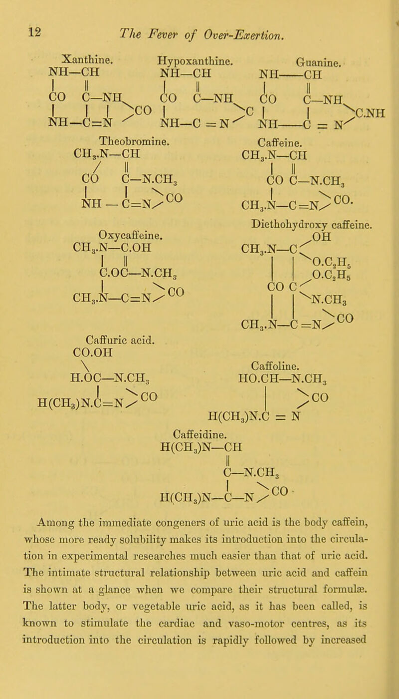 Xanthine. NH—CH I II CO C—NH. I I I NH—C=N CO Hypoxanthine. NH—CH I II CO C—NH NH—C = N Theobromine. CH,.N—CH / II CO C—N.CH, NH- I CO c I NH- Guanine. —CH C—NH. -C = N'^ C.NH I NH I C=N/' Oxycaffeine. CH3.N—C.OH I II C.OC—N.CH I \ CH3.N—C=N^ Caffuric acid. CO.OH \ H.OC—N.CH3 CO Caffeine. CH3.N—CH I II CO C—N.CH3 CH3.N—C=N/^^- Diethohydroxy caffeine. ^OH CH,.N—c:'^ 3 CO CO C: ^O.CaHj O.CH, ^N.CHg CH,.N—C =N/ CO H(CH3)N.C=N. CO Caffoline. HO.CH—N.CH 3 CO H(CH3)N.C = N Caffeidine. H(CH3)N—CH C- -N.CH3 H(CH3)N—C—N/ CO Among the immediate congeners of uric acid is the body caffein, whose more ready sohibility makes its introduction into the circula- tion in experimental researches much easier than that of uric acid. The intimate structural relationship between uric acid and caffein is shown at a glance when we compare their structm-al formulas. The latter body, or vegetable lu'ic acid, as it has been called, is known to stimulate the cardiac and vaso-motor centres, as its introduction into the circulation is rapidly followed by increased