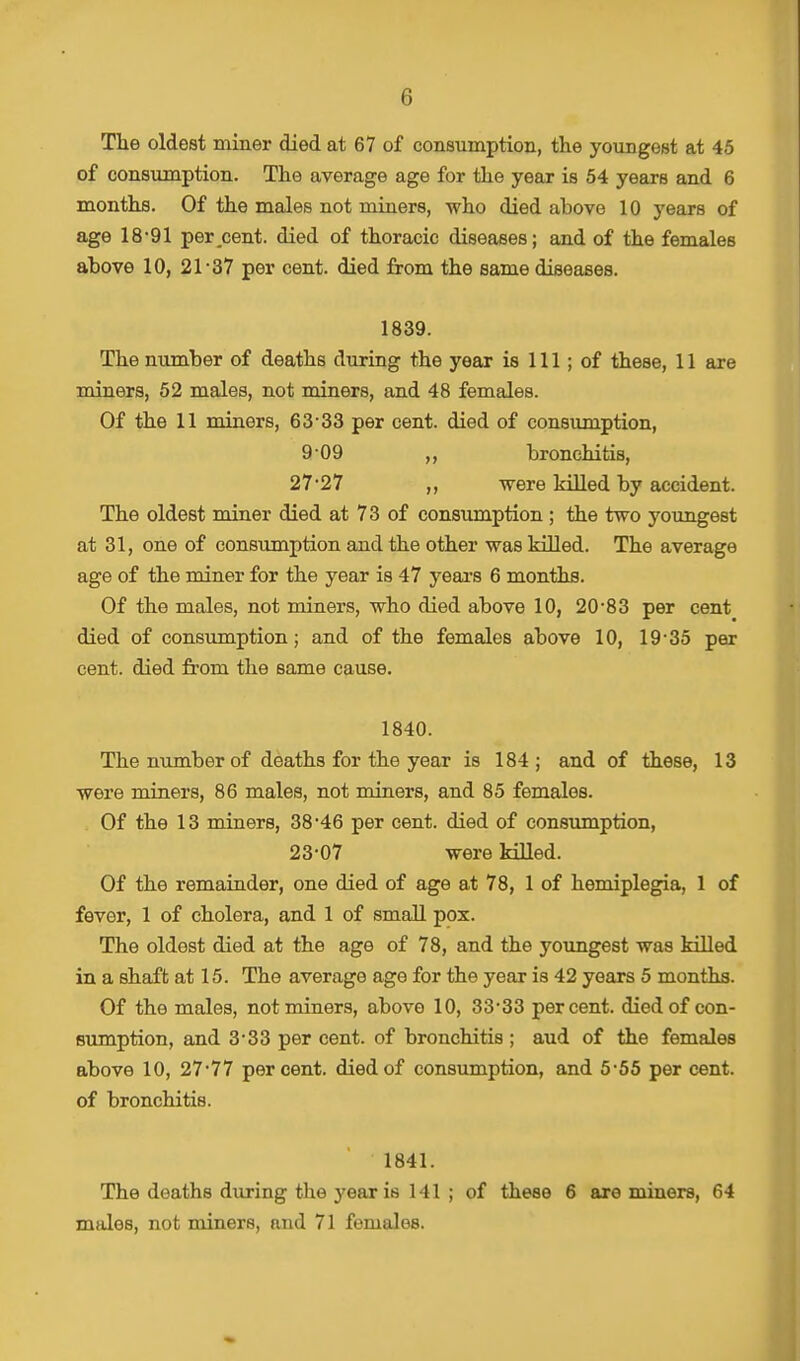 The oldest miner died at 67 of consumption, the youngest at 45 of consumption. The average age for the year is 54 years and 6 months. Of the males not miners, who died above 10 years of age 18-91 per .cent, died of thoracic diseases; and of the females above 10, 21-37 per cent, died from the same diseases. 1839. The number of deaths during the year is 111; of these, 11 are miners, 52 males, not miners, and 48 females. Of the 11 miners, 63-33 per cent, died of consumption, 9 09 ,, bronchitis, 27-27 ,, were killed by accident. The oldest miner died at 73 of consumption ; the two youngest at 31, one of consumption and the other was killed. The average age of the miner for the year is 47 years 6 months. Of the males, not miners, who died above 10, 20-83 per cent died of consumption; and of the females above 10, 19-35 per cent, died from the same cause. 1840. The number of deaths for the year is 184; and of these, 13 were miners, 86 males, not miners, and 85 females. Of the 13 miners, 38-46 per cent, died of consumption, 23-07 were killed. Of the remainder, one died of age at 78, 1 of hemiplegia, 1 of fever, 1 of cholera, and 1 of small pox. The oldest died at the age of 78, and the youngest was killed in a shaft at 15. The average age for the year is 42 years 5 months. Of the males, not miners, above 10, 33-33 percent, died of con- sumption, and 3-33 per cent, of bronchitis ; aud of the females above 10, 27-77 percent, died of consumption, and 5-55 per cent, of bronchitis. 1841. The deaths during the year is 141 ; of these 6 are miners, 64 males, not miners, and 71 females.