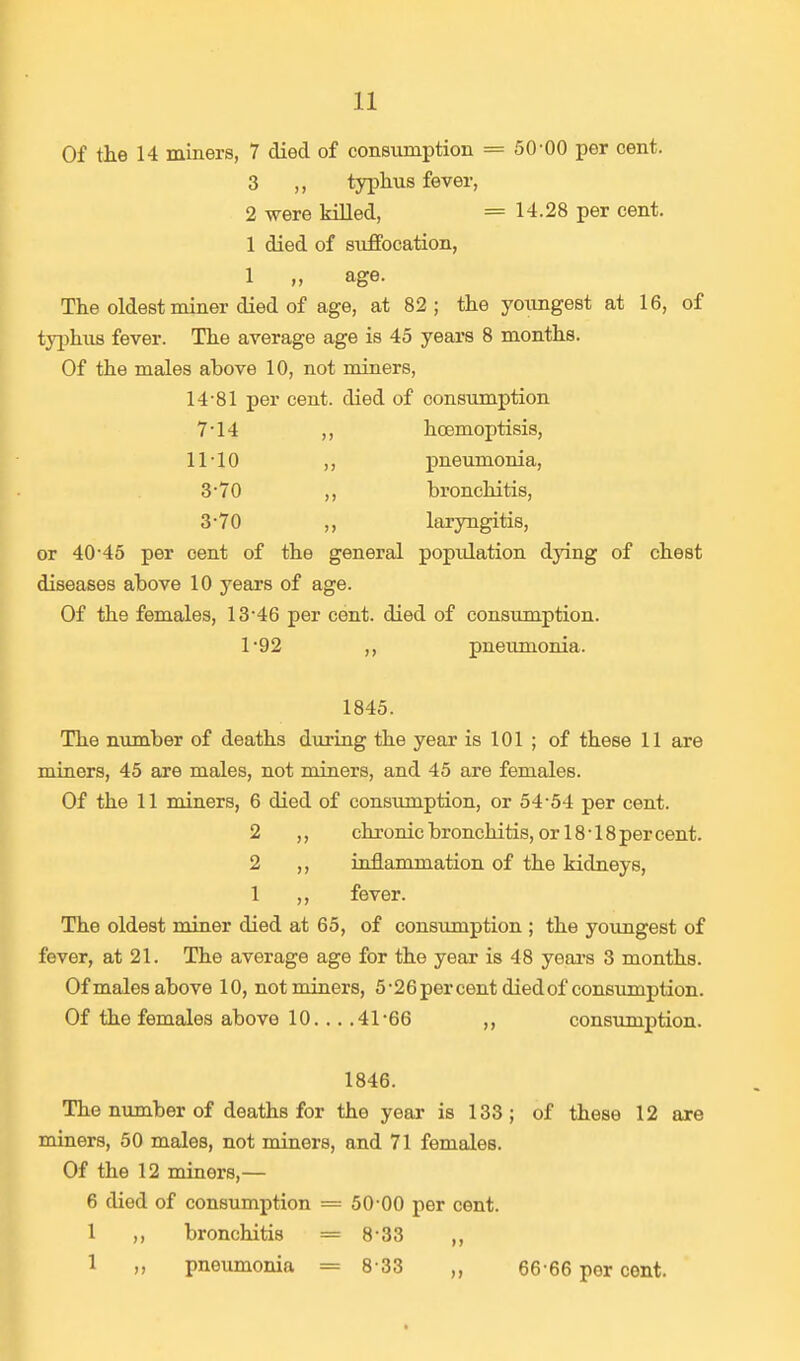 Of the 14 miners, 7 died of consumption = 50 00 per cent. 3 ,, typhus fever, 2 were killed, = 14.28 per cent. 1 died of siiffocation, 1 „ age. The oldest miner died of age, at 82; the youngest at 16, of typhus fever. The average age is 45 years 8 months. Of the males ahove 10, not miners, 14-81 per cent, died of consumption 7-14 ,, hcemoptisis, 11 • 10 ,, pneumonia, 3-70 ,, bronchitis, 3-70 ,, laryngitis, or 40 45 per cent of the general popidation dying of chest diseases above 10 years of age. Of the females, 13-46 per cent, died of consumption. 1-92 ,, pneumonia. 1845. The number of deaths during the year is 101 ; of these 11 are miners, 45 are males, not miners, and 45 are females. Of the 11 miners, 6 died of consumption, or 54-54 per cent. 2 ,, chronic bronchitis, or 18 • 18 per cent. 2 ,, inflammation of the kidneys, 1 ,, fever. The oldest miner died at 65, of consumption ; the youngest of fever, at 21. The average age for the year is 48 years 3 months. Of males above 10, not miners, 5-26 per cent died of consumption. Of the females above 10... .41-66 ,, consumption. 1846. The number of deaths for the year is 133; of these 12 are miners, 50 males, not miners, and 71 females. Of the 12 miners,— 6 died of consumption = 50 00 per cent. 1 ,, bronchitis = 8-33 ,, 1 „ pneumonia = 8-33 ,, 66 66 per cont.