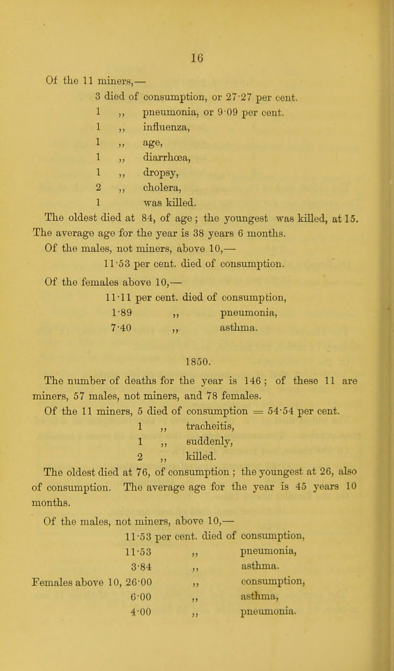 Of the 11 miners,— 3 died of consumption, or 27 27 per cent, pneumonia, or 9-09 per cent, influenza, age, diarrhoea, dropsy, 2 ,, cholera, 1 was killed. The oldest died at 84, of age ; the youngest was killed, at 15. The average age for the year is 38 years 6 months. Of the males, not miners, ahove 10,— 11 53 per cent, died of consumption. Of the females above 10,— 11-11 per cent, died of consumption, 1-89 ,, pneumonia, 7-40 ,, asthma. 1850. The number of deaths for the year is 146; of these 11 are miners, 57 males, not miners, and 78 females. Of the 11 miners, 5 died of consumption = 54*54 per cent. 1 ,, tracheitis, 1 ,, suddenly, 2 ,, killed. The oldest died at 76, of consumption ; the youngest at 26, also of consumption. The average age for the year is 45 years 10 months. Of the males, not miners, above 10,— 11-53 per cent, died of consumption, 11-53 3- 84 Females above 10, 26-00 6-00 4- 00 pneumonia, asthma, consumption, asthma, pneumonia.