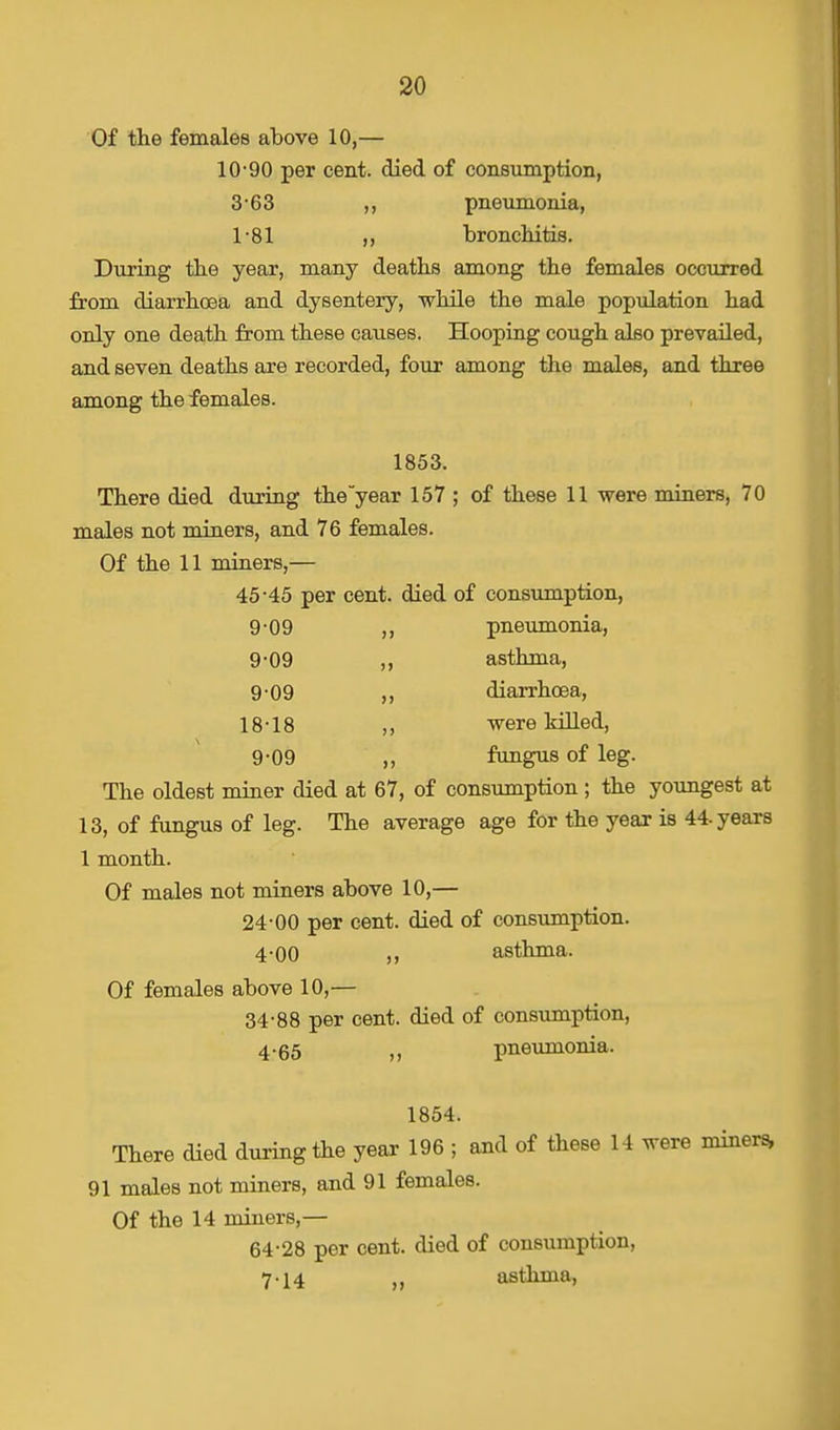 Of the females above 10,— 10-90 per cent, died of consumption, 3-63 ,, pneumonia, 1*81 bronchitis. During the year, many deaths among the females occurred from diarrhoea and dysentery, while the male population had only one death from these causes. Hooping cough also prevailed, and seven deaths are recorded, four among the males, and three among the females. 1853. There died during the year 157 ; of these 11 were miners, 70 males not miners, and 76 females. Of the 11 miners,— 45-45 per cent, died of consumption, 9-09 ,, pneumonia, 9-09 „ asthma, 9 09 „ diarrhoea, 18-18 ,, were killed, 9-09 „ fungus of leg. The oldest miner died at 67, of consumption ; the youngest at 13, of fungus of leg. The average age for the year is 44-years 1 month. Of males not miners above 10,— 24-00 per cent, died of consumption. 4-00 „ asthma. Of females above 10,— 34-88 per cent, died of consumption, 4-65 ,, pneumonia. 1854. There died during the year 196 ; and of these 14 were miners, 91 males not miners, and 91 females. Of the 14 miners,— 64-28 per cent, died of consumption, 7-14 ,, asthma,