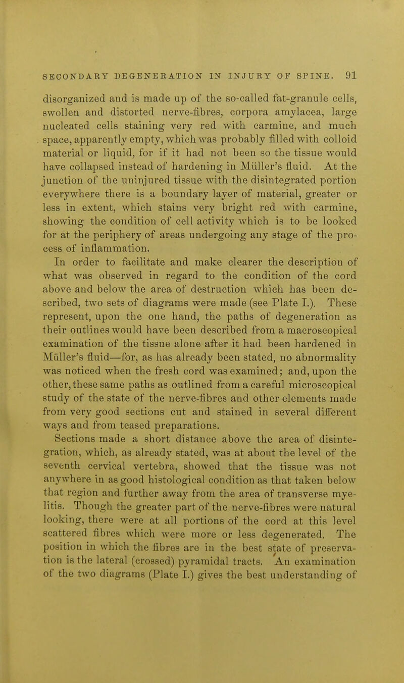 disorganized and is made up of the so-called fat-granule cells, swollen and distorted nerve-fibres, corpora amylacea, large nucleated cells staining very red with carmine, and much space, apparently empty, which was probabl}^ filled with colloid material or liquid, for if it had not been so the tissue would have collapsed instead of hardening in Miiller's fluid. At the junction of the uninjured tissue with the disintegrated portion everywhere there is a boundary layer of material, greater or less in extent, which stains very bright red with carmine, showing the condition of cell activity which is to be looked for at the periphery of areas undergoing any stage of the pro- cess of inflammation. In order to facilitate and make clearer the description of what was observed in regard to the condition of the cord above and below the area of destruction which has been de- scribed, two sets of diagrams were made (see Plate I.). These represent, upon the one hand, the paths of degeneration as their outlines would have been described from a macroscopical examination of the tissue alone after it had been hardened in Miiller's fluid—for, as has already been stated, no abnormality was noticed when the fresh cord was examined; and, upon the other, these same paths as outlined from a careful microscopical study of the state of the nerve-fibres and other elements made from very good sections cut and stained in several different ways and from teased preparations. Sections made a short distance above the area of disinte- gration, which, as already stated, was at about the level of the seventh cervical vertebra, showed that the tissue was not anywhere in as good histological condition as that taken below that region and further away from the area of transverse mye- litis. Though the greater part of the nerve-fibres were natural looking, there were at all portions of the cord at this level scattered fibres which were more or less degenerated. The position in which the fibres are in the best state of preserva- tion is the lateral (crossed) pyramidal tracts. An examination of the two diagrams (Plate I.) gives the best understanding of