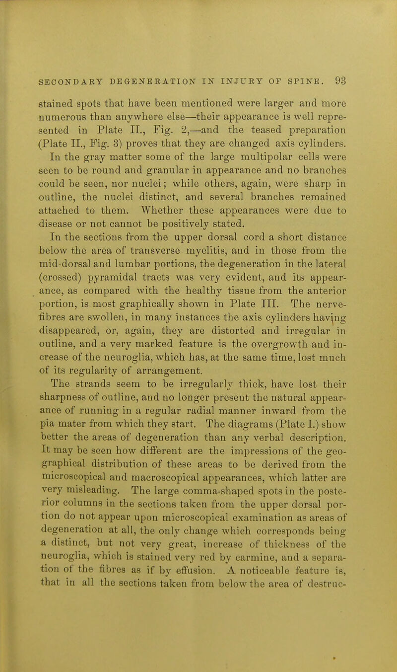 stained spots that have been mentioned were larger and more numerous than anywhere else—their appearance is well repre- sented in Plate II., Fig. 2,—and the teased preparation (Plate II., Pig, 3) proves that they are changed axis cylinders. In the gray matter some of the large multipolar cells were seen to be round and granular in appearance and no branches could be seen, nor nuclei; while others, again, were sharp in outline, the nuclei distinct, and several branches remained attached to them. Whether these appearances were due to disease or not cannot be positively stated. In the sections from the upper dorsal cord a short distance below the area of transverse myelitis, and in those from the mid-dorsal and lumbar portions, the degeneration in the lateral (crossed) pyramidal tracts was very evident, and its appear- ance, as compared with the healthy tissue from the anterior portion, is most graphically shown in Plate III. The nerve- fibres are swollen, in many instances the axis cylinders having disappeared, or, again, they are distorted and irregular in outline, and a very marked feature is the overgrowth and in- crease of the neuroglia, which has, at the same time, lost much of its regularity of arrangement. The strands seem to be irregularly thick, have lost their sharpness of outline, and no longer present the natural appear- ance of running in a regular radial manner inward from the pia mater from which they start. The diagrams (Plate I.) show better the areas of degeneration than any verbal description. It may be seen how different are the impressions of the geo- graphical distribution of these areas to be derived from the microscopical and raacroscopical appearances, which latter are very misleading. The large comma-shaped spots in the poste- rior columns in the sections taken from the upper dorsal por- tion do not appear upon microscopical examination as areas of degeneration at all, the only change which corresponds being a distinct, but not very great, increase of thickness of the neuroglia, which is stained very red by carmine, and a separa- tion of the fibres as if by effusion. A noticeable feature is, that in all the sections taken from below the area of destruc-