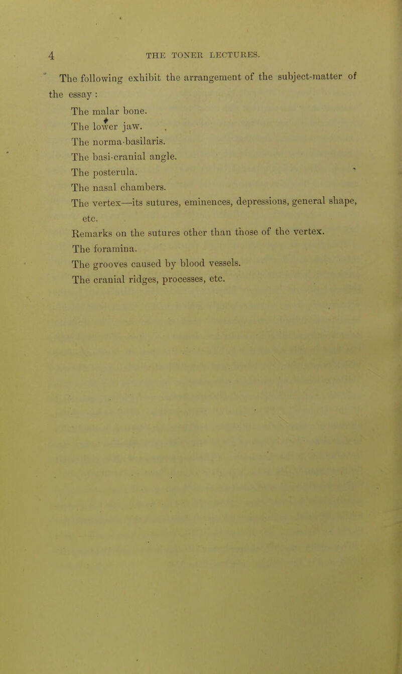 The following exhibit the arrangement of the subject-raatter of the essay : The malar bone. The lower jaw. The norma basilaris. The basi-cranial angle. The posterula. The nasal chambers. The vertex—its sutures, eminences, depressions, general shape, etc. Remarks on the sutures other than those of the vertex. The foramina. The grooves caused by blood vessels. The cranial ridges, processes, etc.