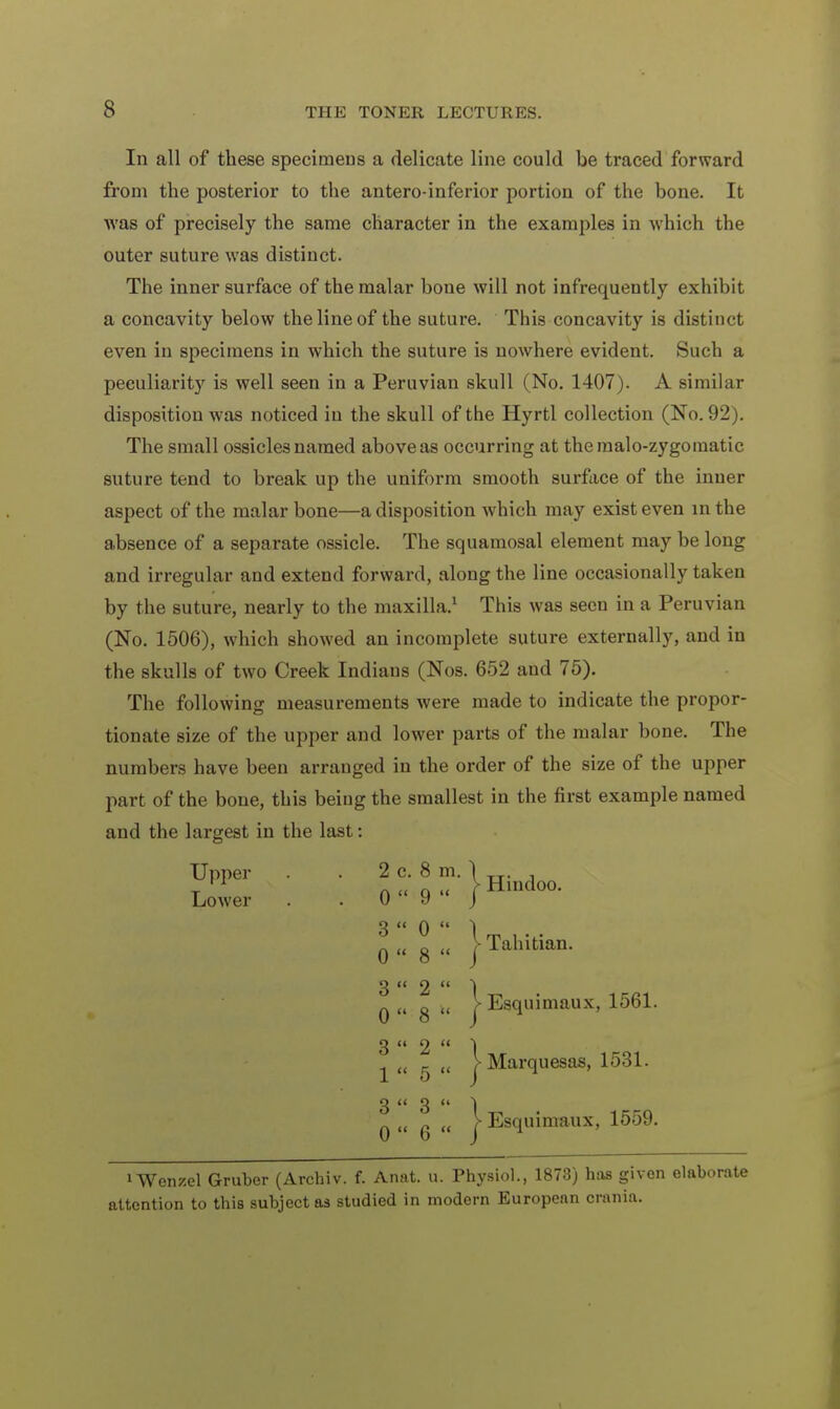 In all of these specimens a delicate line could be traced forward from the posterior to the anteroinferior portion of the bone. It was of precisely the same character in the examples in which the outer suture was distinct. The inner surface of the malar bone will not infrequently exhibit a concavity below the line of the suture. This concavity is distinct even in specimens in which the suture is nowhere evident. Such a peculiarity is well seen in a Peruvian skull (No. 1407). A similar disposition was noticed in the skull of the Hyrtl collection (No. 92). The small ossicles named aboveas occurring at themalo-zygoraatic suture tend to break up the uniform smooth surface of the inner aspect of the malar bone—a disposition which may exist even in the absence of a separate ossicle. The squamosal element may be long and irregular and extend forward, along the line occasionally taken by the suture, nearly to the maxilla.1 This was seen in a Peruvian (No. 1506), which showed an incomplete suture externally, and in the skulls of two Creek Indians (Nos. 652 and 75). The following measurements were made to indicate the propor- tionate size of the upper and lower parts of the malar bone. The numbers have been arranged in the order of the size of the upper part of the bone, this being the smallest in the first example named and the largest in the last: Upper . . 2 c. 8 m. Lower . . 0 9  3  0 ' 0  8  j 3 2 0  8 32 1  5 Hindoo. \ Tahitian. Esquimaux, 1561. Marquesas, 1531. 3  3  ) 0 .< 6 « | Esquimaux, 1559. iWenzel Gruber (Archiv. f. Anat. u. Physiol., 1873) has given elaborate attention to this subject as studied in modern European crania.