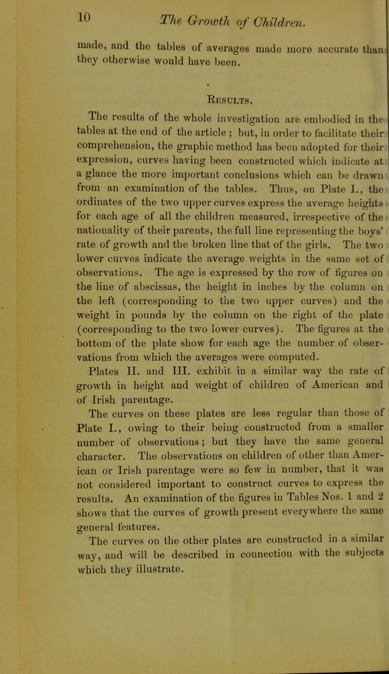 made, and the tables of averages made more accurate than they otherwise would have been. Results. The results of the whole investigation are embodied in the tables at the end of the article ; but, in order to facilitate their comprehension, the graphic method has been adopted for their expression, curves having been constructed which indicate at a glance the more important conclusions which can be drawn from an examination of the tables. Thus, on Plate I., the* ordinates of the two upper curves express the average heights - for each age of all the children measured, irrespective of the^ nationality of their parents, the full line representing the boys' rate of growth and the broken line that of the sfirls. The two lower curves indicate the average weights in the same set of observations. The age is expressed by the row of figures on the line of abscissas, the height in inches by the column on the left (corresponding to the two upper curves) and the weight in pounds by the column on the right of the plate (corresponding to the two lower curves). The figures at the bottom of the plate show for each age the number of obser- vations from which the averages were computed. Plates II. and III. exhibit in a similar way the rate of growth in height and weight of children of American and of Irish parentage. The curves on these plates are less regular than those of Plate I., owing to their being constructed from a smaller number of observations; but they have the same general character. The observations on children of other than Amer- ican or Irish parentage were so few in number, that it was not considered important to construct curves to express the results. An examination of the figures in Tables Nos. 1 and 2 shows that the curves of growth present everywhere the same general features. The curves on the other plates are constructed in a similar way, and will be described in connection with the subjects which they illustrate.