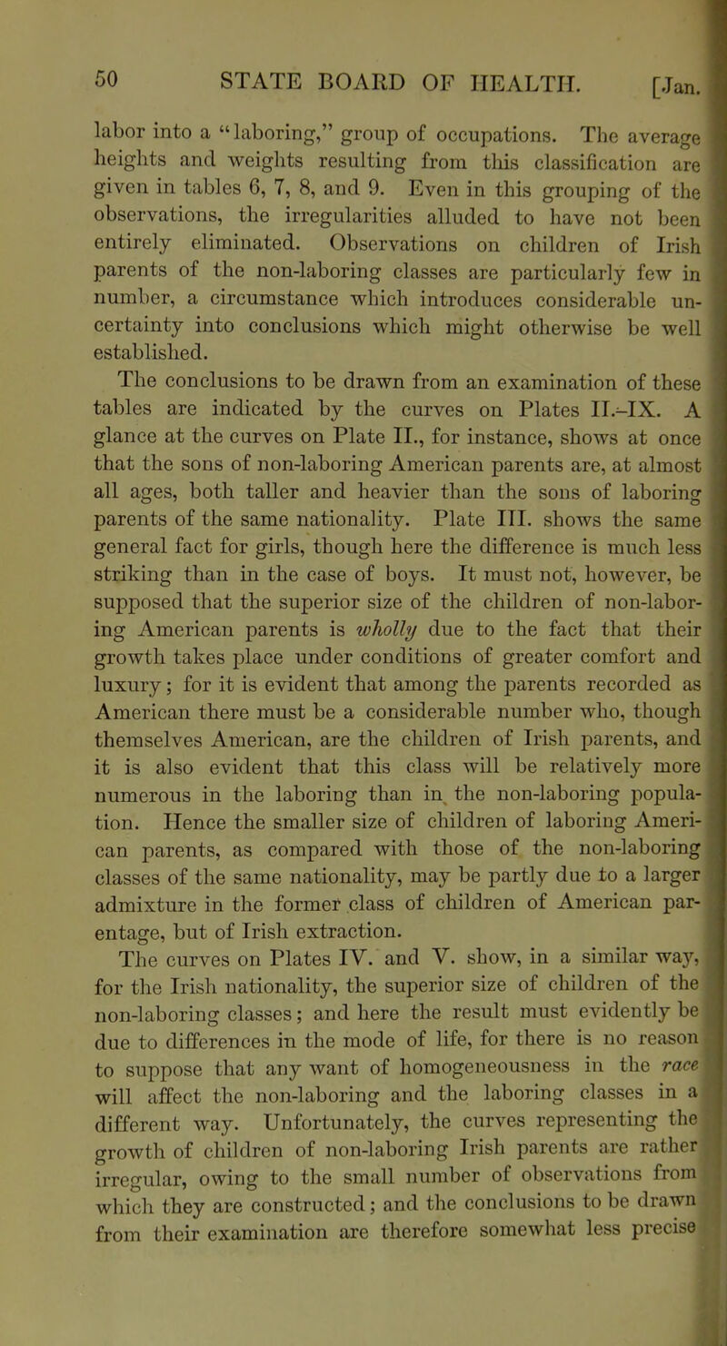 labor into a laboring, group of occupations. The average heights and weights resulting from tliis classification are given in tables 6, 7, 8, and 9. Even in this grouping of the observations, the irregularities alluded to have not been entirely eliminated. Observations on children of Irish parents of the non-laboring classes are particularly few in number, a circumstance which introduces considerable un- certainty into conclusions which might otherwise be well established. The conclusions to be drawn from an examination of these tables are indicated by the curves on Plates II.^IX. A glance at the curves on Plate II., for instance, shows at once that the sons of non-laboring American parents are, at almost all ages, both taller and heavier than the sons of laboring parents of the same nationality. Plate III. shows the same general fact for girls, though here the difference is much less striking than in the case of boys. It must not, however, be supposed that the superior size of the children of non-labor- ing American parents is wholly due to the fact that their growth takes place under conditions of greater comfort and luxury; for it is evident that among the parents recorded as American there must be a considerable number who, though themselves American, are the children of Irish parents, and it is also evident that this class will be relatively more numerous in the laboring than in, the non-laboring popula- tion. Hence the smaller size of children of laboring Ameri- can parents, as compared with those of the non-laboring classes of the same nationality, may be partly due to a large admixture in the former class of children of American par entage, but of Irish extraction. The curves on Plates IV. and V. show, in a similar way for the Irish nationality, the superior size of children of th non-laboring classes; and here the result must evidently b due to differences in the mode of life, for there is no reaso to suppose that any want of homogeneousness in the rac will affect the non-laboring and the laboring classes in a different way. Unfortunately, the curves representing the growth of children of non-laboring Irish parents are rather irregular, owing to the small number of observations from which they are constructed; and the conclusions to be drawn from their examination are therefore somewhat less precise