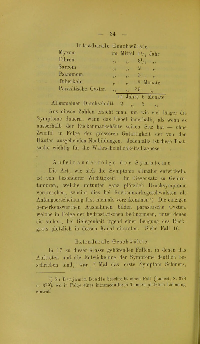 Intradurale Geschwiilste. Myxoni im Mittel 4'/, Jahr Fibrom „ „ 3./., Sarcom „ „ 2 Psammom „ „ 3 > Tuberkeln „ „ 8 Monate Parasitischo Cysten „ „ ?9 „ 14 Jahre 6 Monate Allgemeiner Durchschnitt 2 „ 5 „ Aus diesen Zahlen ersieht man, uni wie viol langcr die Symptome dauern, wenn das Uebel innerlialb, als wenn es ausserhalb der Riickenmarkshaute seineu Sitz hat — ohne Zweifel in Folge der grosseren Gutartigkeit der von den Hauten ausgehenden Neubildungen. Jedenfalls ist diese Tiiat- sache wichtig fiir die Wahrscheinliclikcitsdiagnose. A u f e i n a n d e r f 0 1 g e der Symptome. Die Art, wie sich die Symptome allmalig entwickeln, ist von besonderer Wichtigkeit. Ira Gegensatz zu Gehiru- turaoren, welche raitunter ganz plotzlicli Drucksymptome verursachen, scheiut dies bei RUckenmarksgeschwiilsten als Anfangserscheinung fast niemals vorziikomraen '). Die einzigen bemerkenswerthen Ausnahmen bilden parasitische Oysten, welche in Folge der hydrostatischen Bedingungen, unter dcnen sie stehen, boi Gelegenheit irgend einer Beugung des Riick- grats plotzlich in dessen Kanal eintreten. Siehe Fail 16. Extradurale Geschwiilste. In 17 zu dieser Kiasse gehorenden Fallen, in denen das Auftreten und die Eutwickelung der Symptome deutlich be- schrieben sind, war 7 Mai das erste Symptom Schracrz, ') Sir Benjamin Brodie beschreibt einen Fall (Lancet, S. 378 u. 379), wo in Folge eines intramedullaren Tumors plotzlich Liihmuug eintrat.