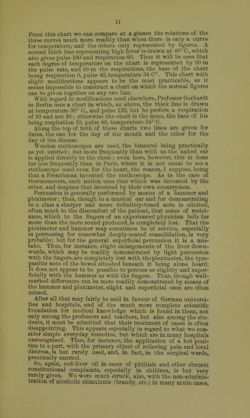 From this chart we can compare at a glance the relations of the three curves much more readily than when there is only a curve for temperature, and the others only represented by tigures. A second thick line representing high fever is drawn at 40° C, which also gives pulse 160 and respiration 60. Thus it will be seen that each degree of temperature on the chart is represented by 20 in the pulse rate, and 10 in the respirations, the base of the chart being respiration 0, pulse 40, temperature 34 C°. This chart with slight modifications appears to be the most practicable, as it seems impossible to construct a chart on which the normal figures can be given together on any one line. With regard to modifications used elsewhere, Professor Gerhardt in Berlin uses a chart in which, as above, the thick line is drawn at temperature 38° C, and pulse 120, but he prefers a respiration . of 50 and not 40; otherwise the chart is the same, the base of his being respiration 10, pulse 40, temperature 34° C. Along the top of both of these charts two lines are given for dates, the one for the day of the month and the other for the day of the disease. Wooden stethoscopes are used, the binaural being practically as yet untried ; but more frequently than with us the naked ear is applied directly to the chest; even here, however, this is done far less frequently than in Paris, where it is not usual to see a stethoscope used even for the heart, the reason, I suppose, being that a Frenchman invented the stethoscope. As in the case of thermometers, each nation uses that which was invented by the other, and despises that invented by their own countrymen. Percussion is generally performed by means of a hammer and pleximeter; thus, though to a musical ear and for demonstrating to a class a sharper and more definitely-toned note is elicited, often much to the discomfort of the patient, that sense of resist- ance, which to the fingers of an experienced physician tells far more than the mere sound produced, is completely lost. That the pleximeter and hammer may sometimes be of service, especially in percussing for somewhat deeply-seated consolidation, is very probable; but for the general superficial percussion it is a mis- take. Thus, for instance, slight enlargements of the liver down- wards, which may be readily demonstrated by light percussion with the fingers, are completely lost with the pleximeter, the tym- panitic note of the bowel situated beneath it being alone heard. It does not appear to be possible to percuss so slightly and super- ficially with the hammer as with the fingers. Thus, though well- marked differences can be more readily demonstrated by means of the hammer and pleximeter, slight and superficial ones are often missed. After all that may fairly be said in favour of German universi- ties and hospitals, and of the much more complete scientific foundation for medical knowledge which is found in them, not only among the professors and teachers, but also among the stu- dents, it must be admitted that their treatment of cases is often disappointing. This appears especially in regard to what we con- sider simple everyday remedies, but which are in many hospitals unrecognised. Thus, for instance, the application of a hot poul- tice to apart, with the primary object of relieving pain and local distress, is but rarely used, and, in fact, in the surgical wards, practically untried. So, again, cod-liver oil in cases of phthisis and other chronic constitutional complaints, especially in children, is but very rarely given. We were much struck, also, with the non-adminis- tration of alcoholic stimulants (brandy, etc.) in many acute cases,