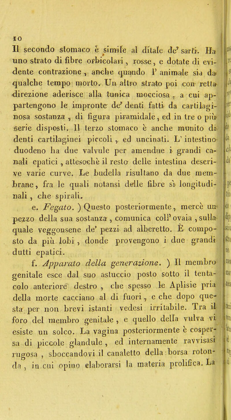 11 secondo stomaco è si mi Fé al ditale de' sarti. Ha uno strato di fibre orbieolaFi, rosse, e dotale di evi- dente contrazione , anche (|;Uando 1' animale sia da» qualche tempo mortOr Un altro strato poi con retfa^ diirezione aderisce alla tunica moGciosa , a cui ap- partengono le impronte de* denti fatti da cartilagi- nosa sostanza , di figura piramidale, ed in tre o pib serie disposti. Il terzo stomaco è anche munito di denti cartilaginei piccoli, ed uncinati. L'intestino duodeno ha due valvule per amendue i grandi ca^ naìi epatici, attesoché il resto delle intestina descri- ve varie curve. Le budella risultano da due mem- brane , fra le quali notansi delle fibre ss^ longitudi- nali , che spirali. e. Fegato. ) Questo posteriormente, mercè urt< pe^zo della sua sostanza , comunica colP ovaia , sulla- quale veggonsene de' pezzi ad alberetto. E compo- sto da più lobi , donde provengono i due grandi dutti epatici. f. Jpparato della generazione. ) Il membro genitale esce d-al suo astuccio posto sotto il tenta- colo anteriore destro , che spesso le Aplisie pria della morte cacciano al di fuori, e che dopo que- sta per non brevi istanti vedesi irritabile. Tra il- foro del membro genitale , e quello della vulva vi esiste un solco. La vagina posteriormente è cosper- sa di piccole glandule , ed internamente ravvisasi rugosa , sboccandovi il canaletto della borsa roton- da , in cui opino elaborarsi la materia prolifica. La