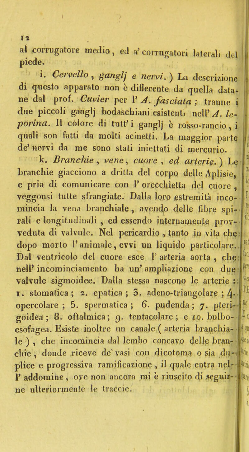 ai corrugatore medio, ed a'corrugatori laterali del piede. i. Cervello, ^anglj e nervi. ) La descrizione di questo apparato non è diQerente da quella data- ne dal prof. Cuvier per 1' A. fasciata ; tranne \ due piccoli gànglj bodaschiani esistenti nell' A. le- porina. Il colore di tutt' i ganglj è rosso-rancio, i quali son fatti da molti acinetti. La maggior parte de'nervi da me sono stali iniettali di mercurio. ' »k. Branchie., vene., cuore, ed arterie.) L(> branchie giacciono a dritta del corpo delie Aplisie, e pria di comunicare con 1* orecchietta del cuore , veggonsi tutte sfrangiate. Dalla loro /estremità inco- mincia la vena branchiale, avendo delle fibre spi- • rali e longitudinali , ed essendo internaiftente prov-' veduta di valvule. Nel pericardio , tanto in vita che: dopo morto l'animale, evvi un liquido particolare. Dal ventricolo del cuore esce T arteria aorta , cli^ nell'incominciamento ha un'arapliazione con dpq; valvule sigmoidee. Dalla stessa nascono le arterie :; I. stomatica; 2. epatica; 3. adeno-triangolare ; 4 opercolare ; 5. spermatica ; 6. pudenda ; 7. pleri« goidea ; 8. oftalmica; c). tentacolare; e jo. bulbo- esofagea. Esiste inoltre un canale ( arteria branchia- le ) , che incomincia dal lembo concavo delle bran- chie , donde riceve de' vasi con dicotoma o sia du-r» plice e progressiva ramificazione , il quale entra nel r addomine, oye non ancora mi è riuscito di seguir ne ulteriormente le Iraccie. fiioi pi l'i h