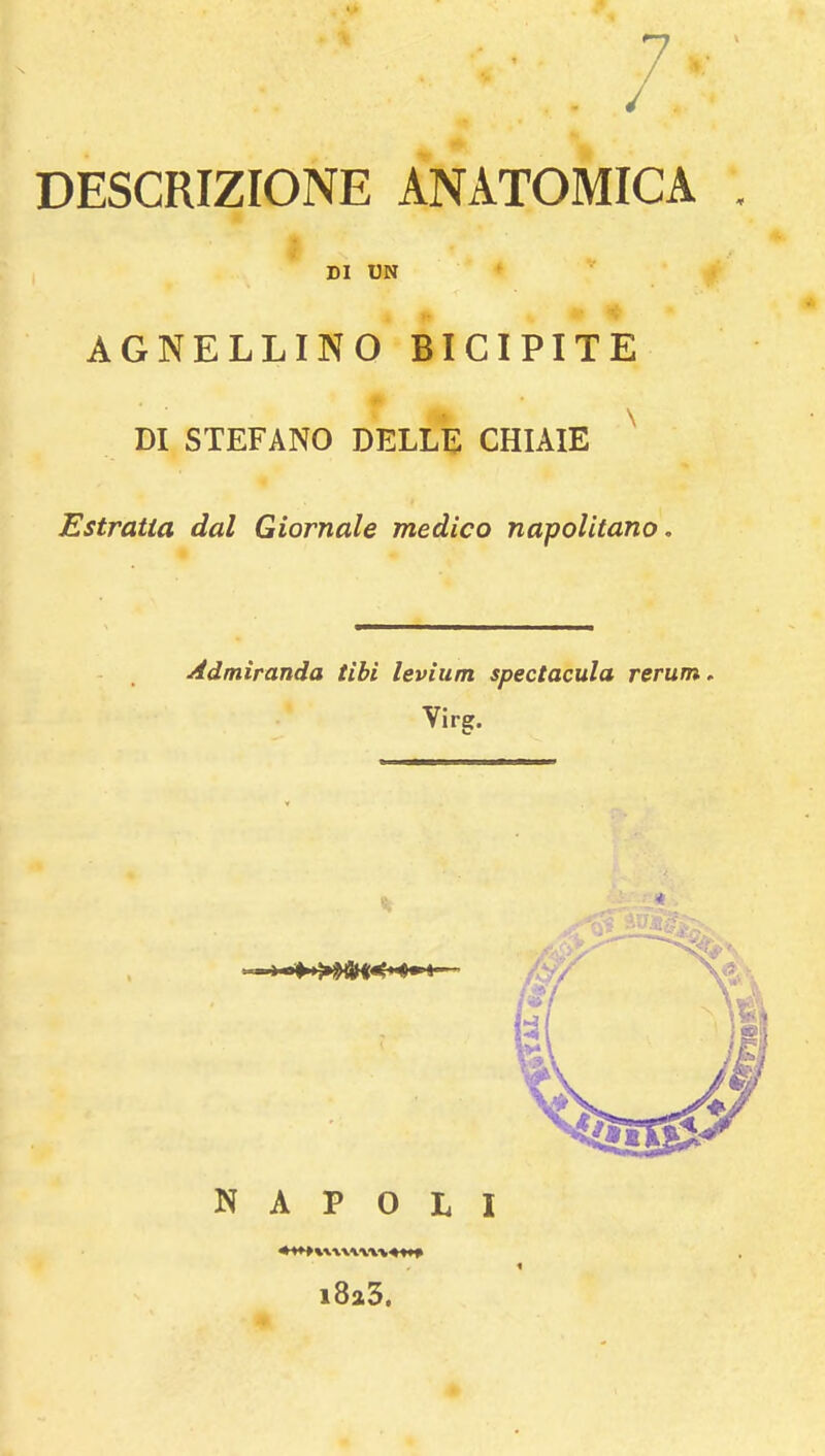 . - / ». DESCRIZIONE ANATOMICA DI UN AGNELLINO BICIPITE DI STEFANO DELLE CHIAIE X Estratta dal Giornale medico napolitano. Admiranda tibi levium spectacula rerum Virg. NAPOLI i8a3.