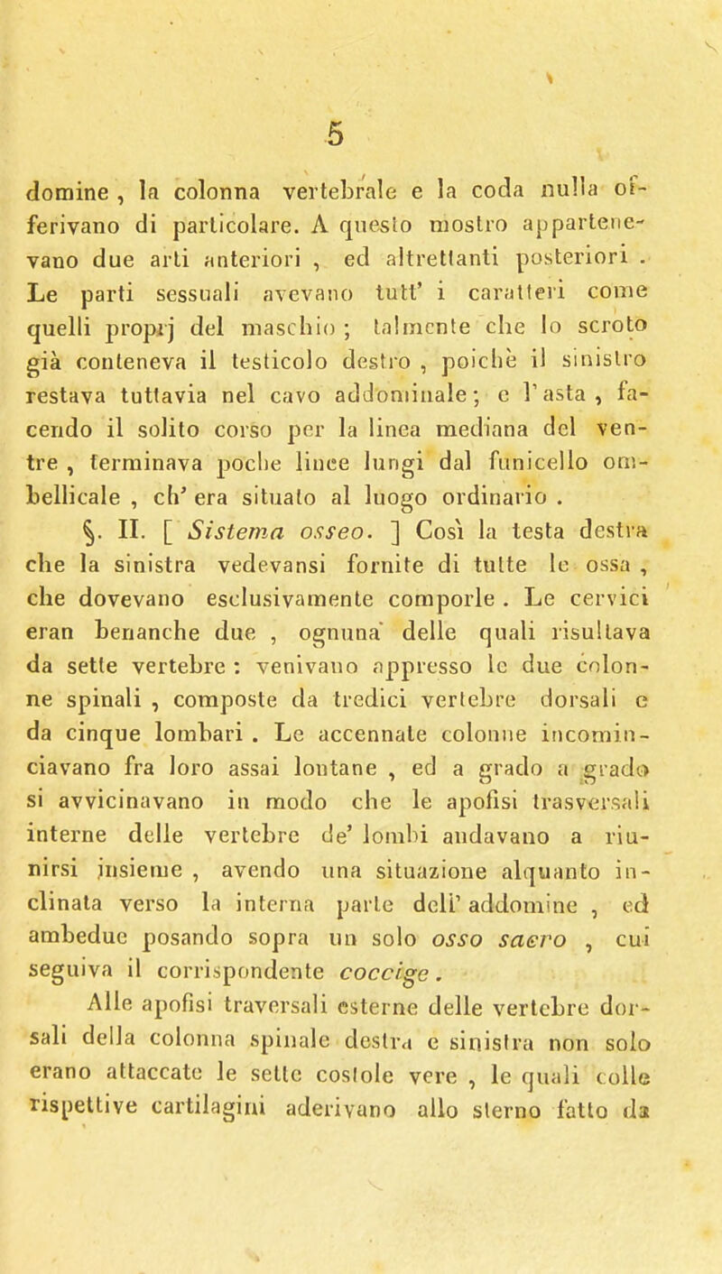 domine , la colonna vertebrale e la coda nulla of- ferivano di particolare. A questo mostro appartene- vano due arti anteriori , ed altrettanti posteriori . Le parti sessuali avevano tutt' i caratteri come quelli propij del maschio ; talmente che lo scroto già conteneva il testicolo destro , poiché il sinistro restava tuttavia nel cavo addominale; e Tasta, fa- cendo il solito corso per la linea mediana del ven- tre , terminava poclie linee lungi dal funicello om- bellicale , eh' era situato al luogo ordinario . II. [ Sistema osseo. ] Cosi la testa destra che la sinistra vedevansi fornite di tutte le ossa , che dovevano esclusivamente comporle . Le cervici eran benanche due , ognuna delle quali risultava da sette vertebre : venivano appresso le due colon- ne spinali , composte da tredici vertebre dorsali e da cinque lombari . Le accennale colonne incomin- ciavano fra loro assai lontane , ed a grado a grado si avvicinavano in modo che le apofisi trasversali interne delle vertebre de' lombi andavano a riu- nirsi insieme , avendo una situazione alquanto in- clinata verso la interna parte deli1 addomine , ed ambedue posando sopra un solo osso saero , cui seguiva il corrispondente coccige. Alle apofisi traversali esterne delle vertebre dor- sali della colonna spinale destra e sinistra non solo erano attaccate le sette coslole vere , le quali colle rispettive cartilagini aderivano allo sterno fatto da