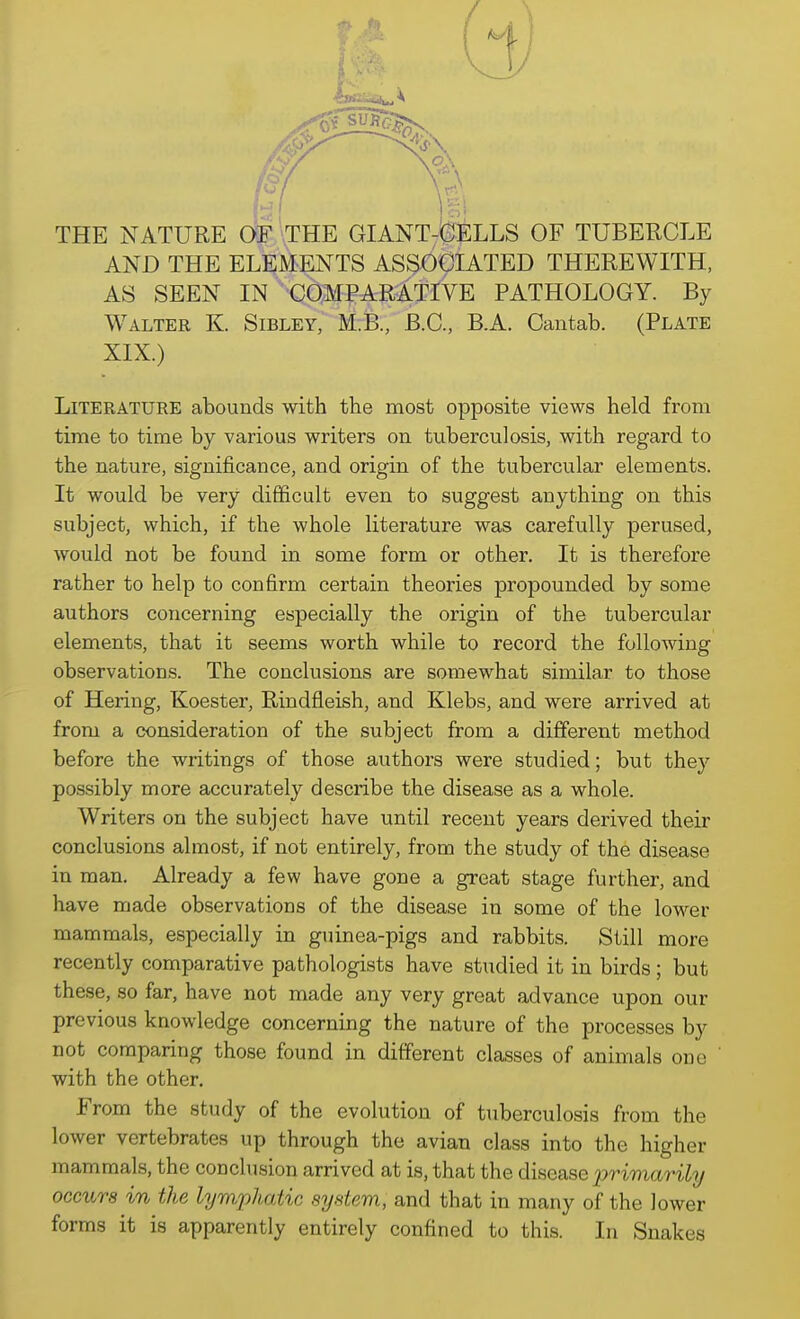 THE NATURE OF THE GIANT-'dfeLLS OF TUBERCLE AND THE ELEMENTS AS^^OCIATED THEREWITH, AS SEEN IN CQMPARATIVE PATHOLOGY. By Walter K. Sibley, M.B, B.C., B.A. Cantab. (Plate XIX.) Literature abounds with the most opposite views held from time to time by various writers on tuberculosis, with regard to the nature, significance, and origin of the tubercular elements. It would be very difficult even to suggest anything on this subject, which, if the whole literature was carefully perused, would not be found in some form or other. It is therefore rather to help to confirm certain theories propounded by some authors concerning especially the origin of the tubercular elements, that it seems worth while to record the following observations. The conclusions are somewhat similar to those of Hering, Koester, Rindfleish, and Klebs, and were arrived at from a consideration of the subject from a different method before the writings of those authors were studied; but they possibly more accurately describe the disease as a whole. Writers on the subject have until recent years derived their conclusions almost, if not entirely, from the study of the disease in man. Already a few have gone a great stage further, and have made observations of the disease in some of the lower mammals, especially in guinea-pigs and rabbits. Still more recently comparative pathologists have studied it in birds; but these, so far, have not made any very great advance upon our previous knowledge concerning the nature of the processes by not comparing those found in different classes of animals one with the other. From the study of the evolution of tuberculosis from the lower vertebrates up through the avian class into the higher mammals, the conclusion arrived at is, that the disease primarily occurs in the lymphatic system, and that in many of the lower forms it is apparently entirely confined to this. In Snakes ':,\