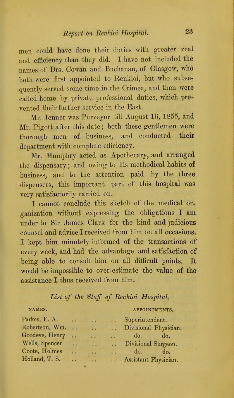 men could have done their duties with greater zeal and efficiency than they did. I have not included the names of Drs. Cowan and Buchanan, of Glasgow, who both were first appointed to Renkioi, hut who subse- quently served some time in the Crimea, and then were called home by private professional duties, which pre- vented their further service in the East. Mr. Jenner was Purveyor till August 16, 1855, and Mr. Pigott after this date; both these gentlemen were thorough men of business, and conducted their department with complete efficiency. Mr. Humphry acted as Apothecary, and arranged the dispensary; and owing to his methodical habits of business, and to the attention paid by the three dispensers, this important part of this hospital was very satisfactorily carried on. I cannot conclude this sketch of the medical or- ganization without expressing the obligations I am under to Sir James Clark for the kind and judicious counsel and advice I received from him on all occasions. I kept him minutely informed of the transactions of every week, and had the advantage and satisfaction of being able to consult him on all difficult points. It would be impossible to over-estimate the value of the assistance I thus received from him. List of the Staff of Renkioi Hospital. NAMES. APPOINTMENTS. Parkes, E. A Superintendent. Robertson, Wm .. Divisional Physician. Goodeve, Henry .. .. .. do. do. Wells, Spencer .. .. ., Divisional Surgeon. Coote, Holmes .. .. .. do. do. Holland, T. S. .. .. .. Assistant Physician.