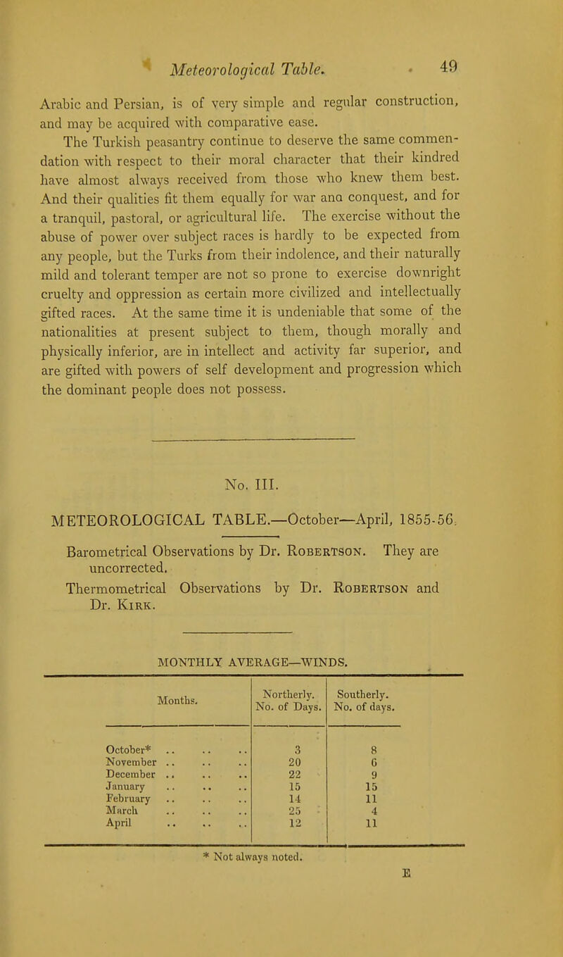 Arabic and Persian, is of very simple and regular construction, and may be acquired with comparative ease. The Turkish peasantry continue to deserve the same commen- dation with respect to their moral character that their kindred have almost always received from those who knew them best. And their qualities fit them equally for war ana conquest, and for a tranquil, pastoral, or agricultural life. The exercise without the abuse of power over subject races is hardly to be expected from any people, but the Turks from their indolence, and their naturally mild and tolerant temper are not so prone to exercise downright cruelty and oppression as certain more civilized and intellectually sifted races. At the same time it is undeniable that some of the nationalities at present subject to them, though morally and physically inferior, are in intellect and activity far superior, and are gifted with powers of self development and progression which the dominant people does not possess. No. III. METEOROLOGICAL TABLE.—October—April, 1855-56. Barometrical Observations by Dr. Robertson. They are uncorrected. Thermometrical Observations by Dr. Robertson and Dr. Kirk. MONTHLY AVERAGE—WINDS. Months. Northerly. Southerly. No. of Days. No. of days. October* 3 8 November .. 20 G December .. 22 9 January 15 15 February 14 11 March 25 4 April 12 11 * Not always noted. E